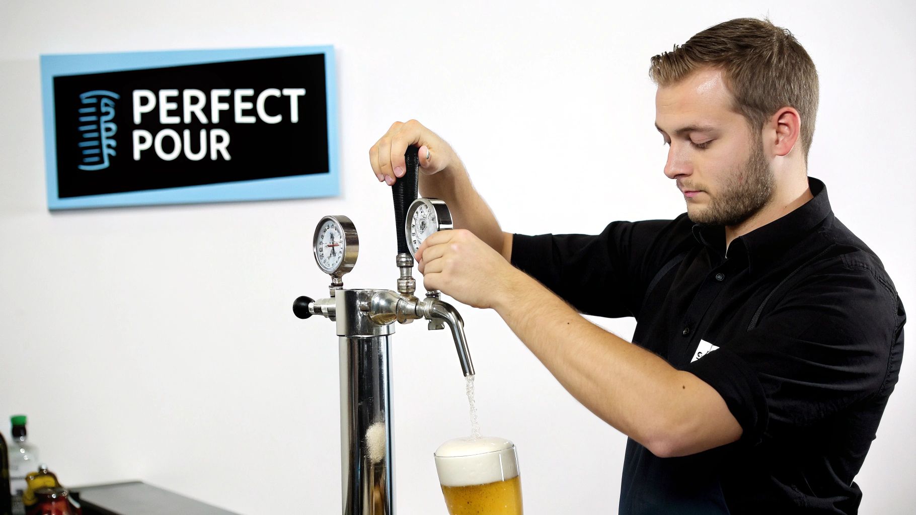 A man expertly pours a perfect draft beer from a tap into a glass.