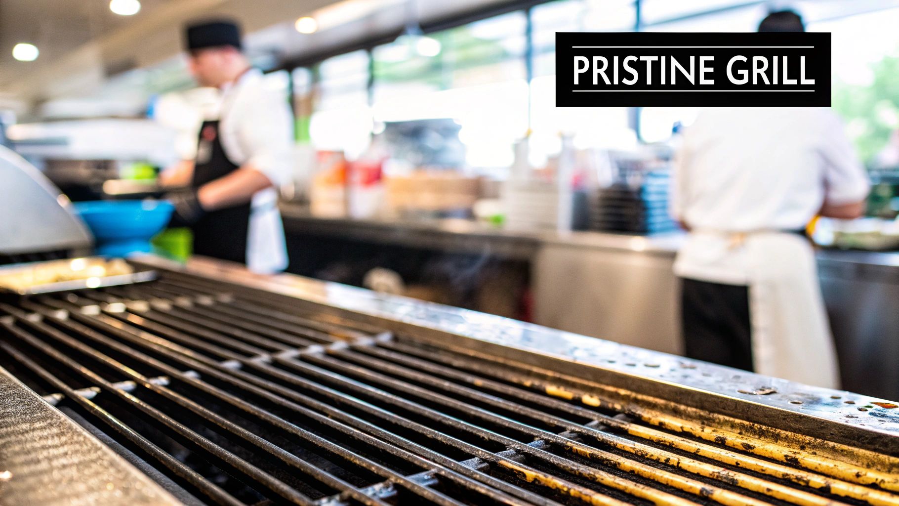 Close-up view of a used commercial grill grate with chefs working in the blurred background.