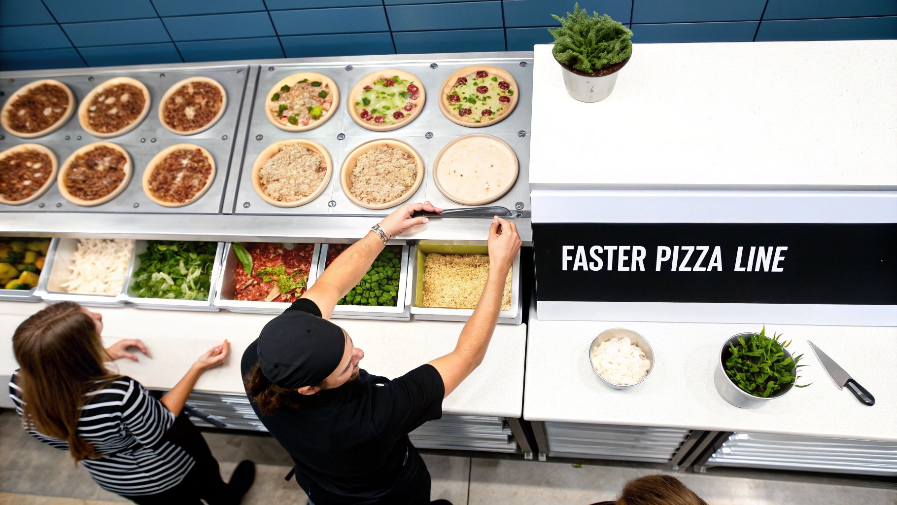Overhead view of a 'Faster Pizza Line' with staff assembling pizzas and various fresh ingredients.