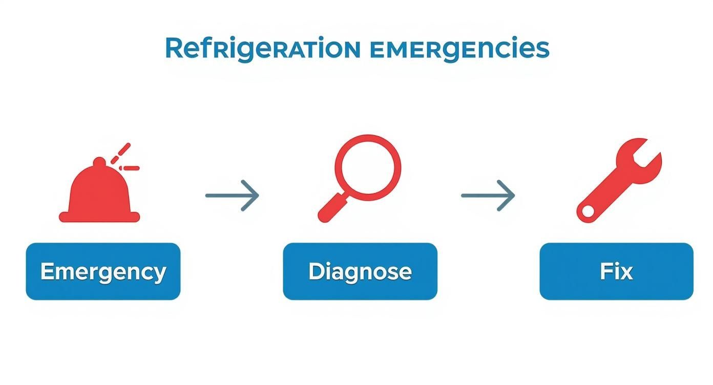A flowchart showing three steps for refrigeration emergencies: Emergency, Diagnose, and Fix.