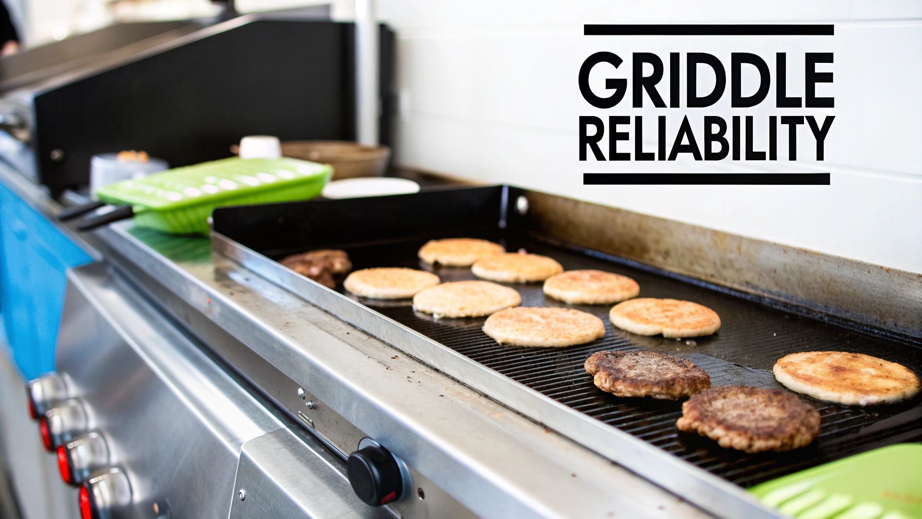 A chef using a large commercial griddle to cook burgers and bacon.