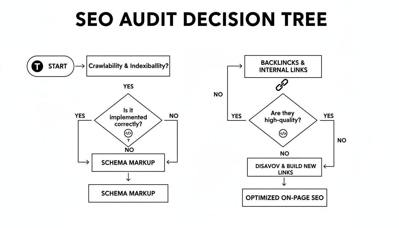 SEO audit decision tree flowchart covering crawlability, indexability, schema, backlinks, and on-page SEO.