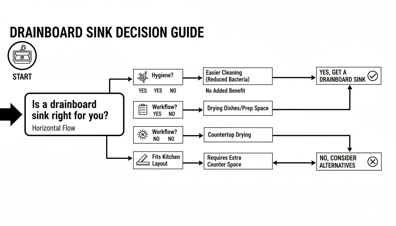 A decision guide flowchart helps determine if a drainboard sink is suitable based on hygiene, workflow, and kitchen layout.