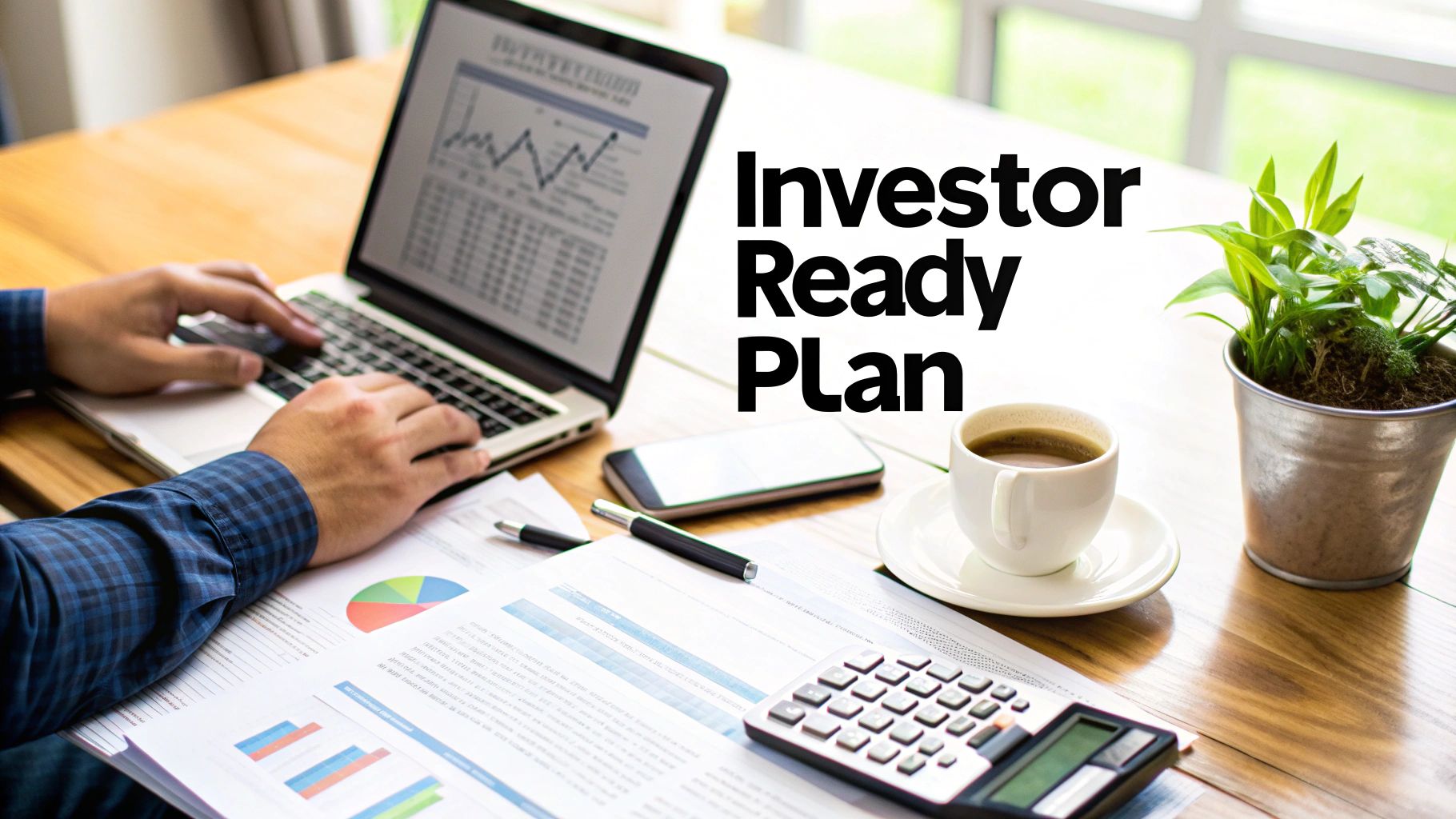 A person working on a laptop with an "Investor Ready Plan" document, coffee, and a plant on a wooden desk.