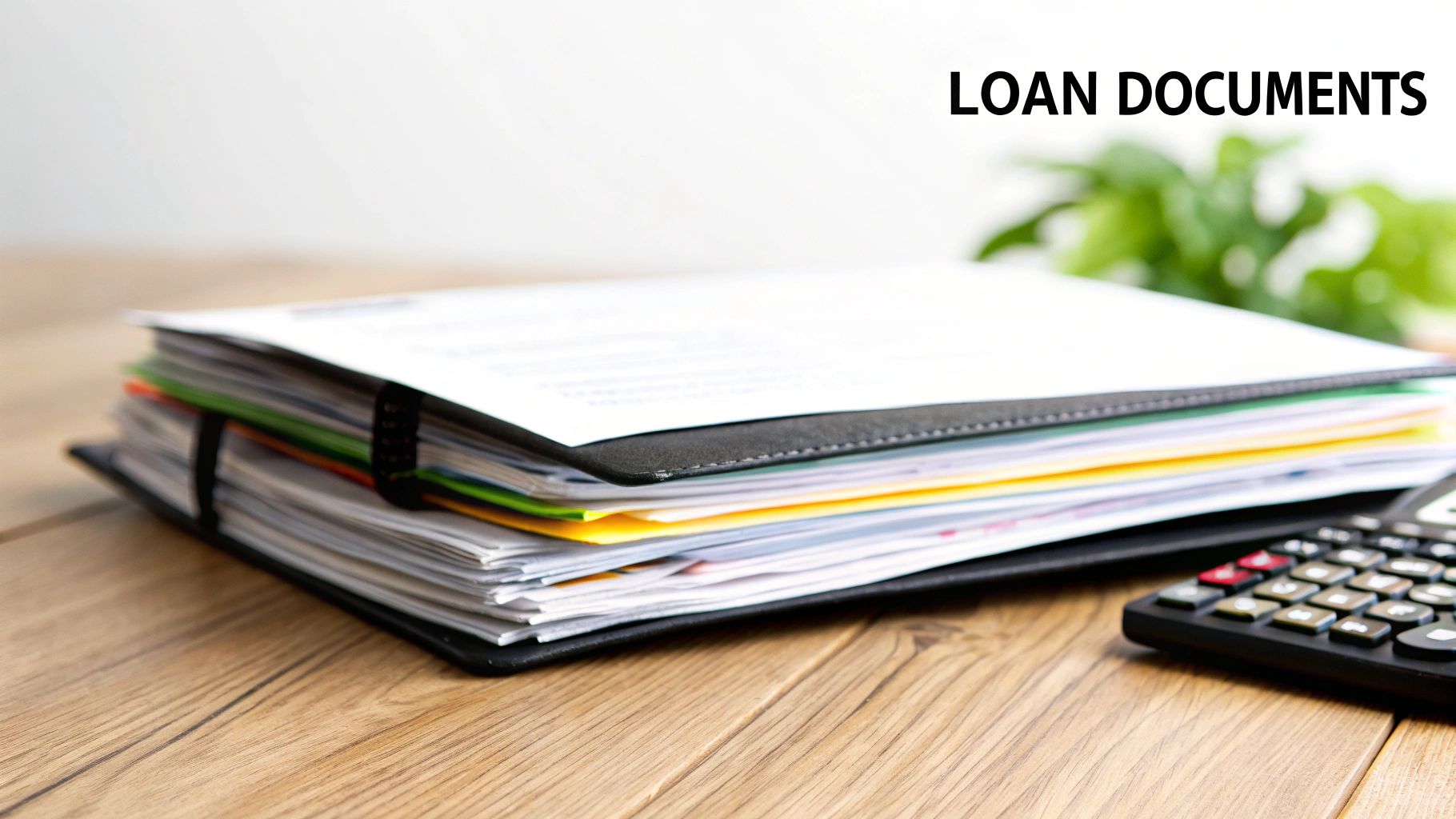 A stack of loan documents in a black binder, with a calculator on a wooden desk.