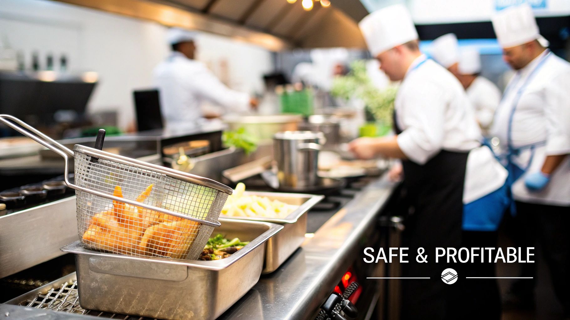 Chefs in uniform working diligently in a bustling commercial kitchen with a deep fryer in the foreground.
