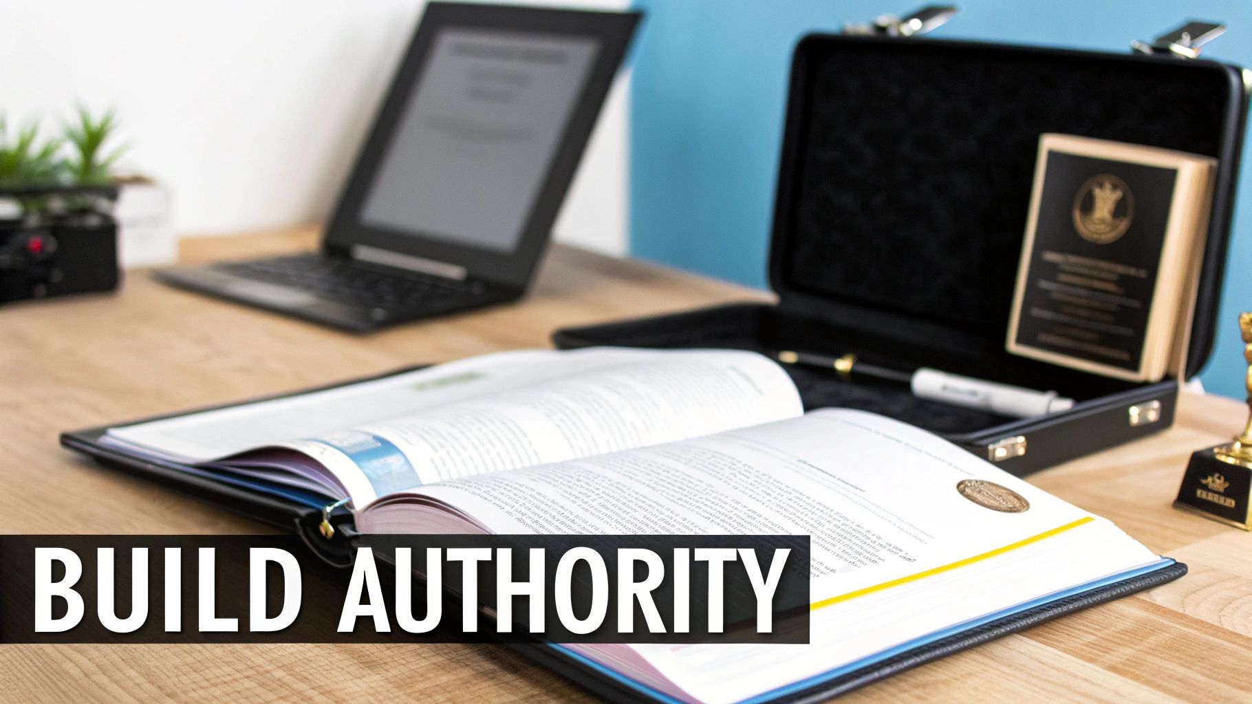 A professional desk setup with an open book, laptop, briefcase, and trophy, conveying expertise and authority.