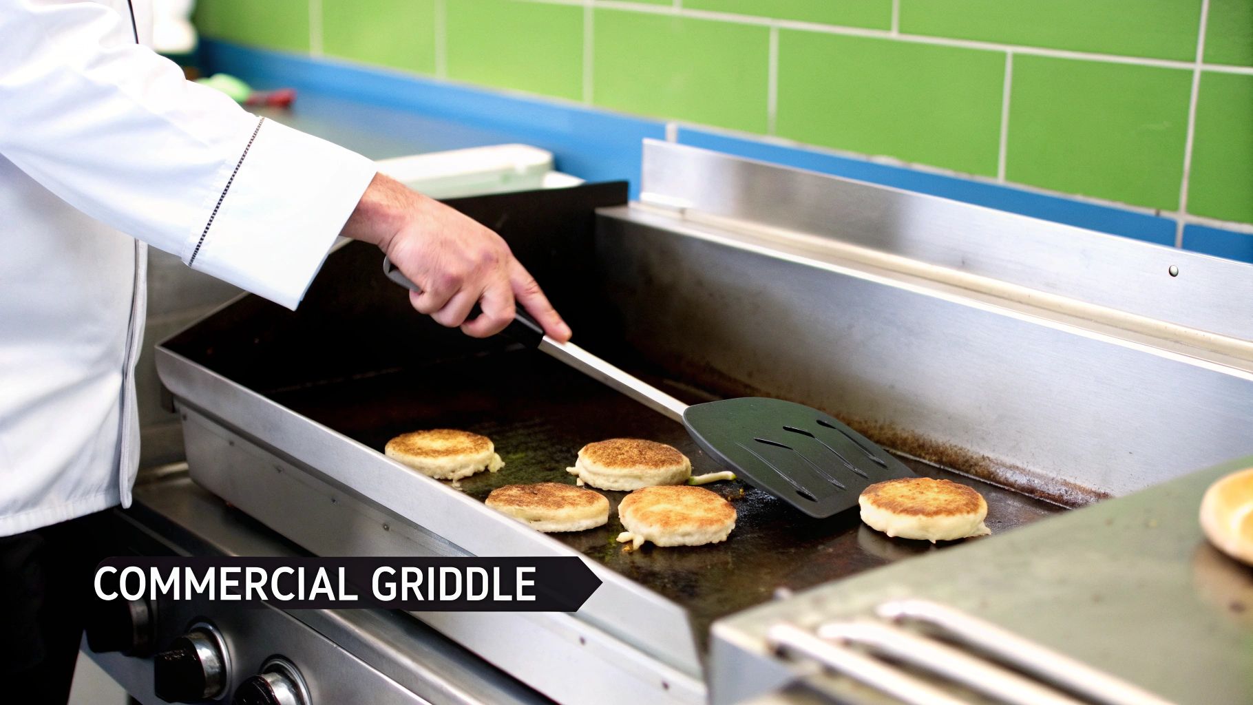 A chef uses a spatula to flip pancakes on a large commercial griddle in a kitchen.