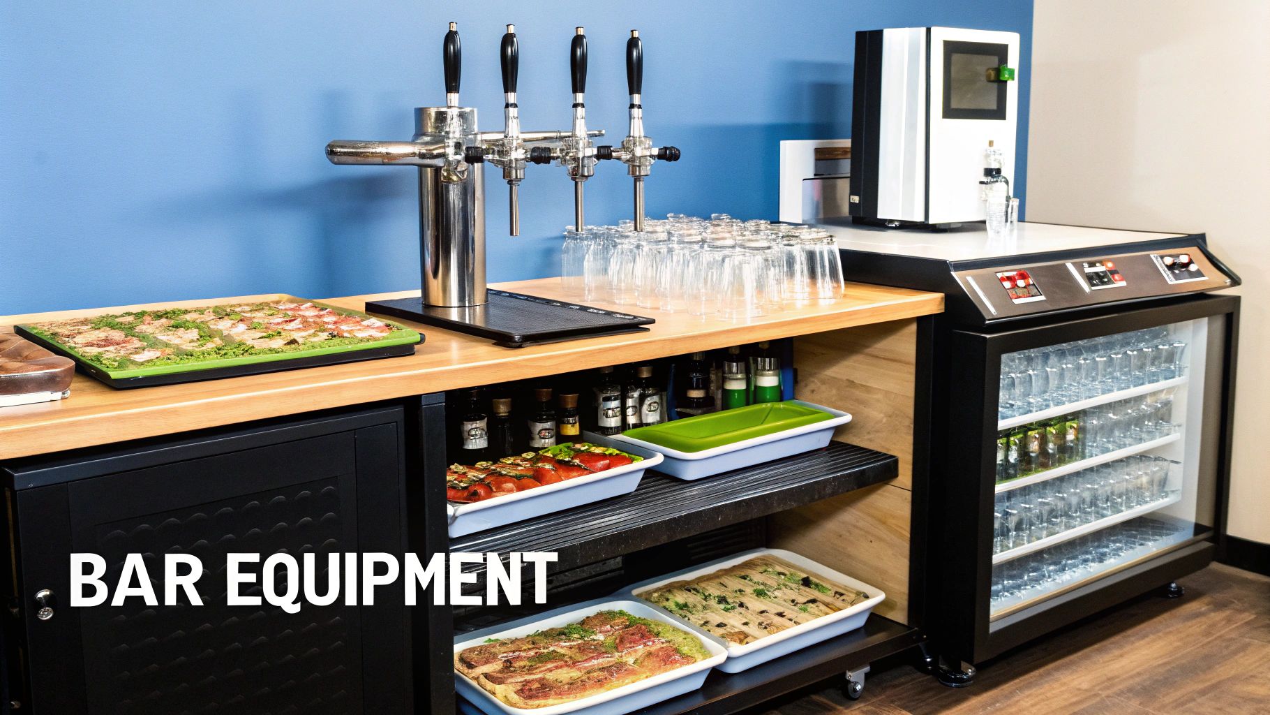 Modern bar equipment with four beverage taps, stacked glasses, and trays of appetizers on a wooden counter.