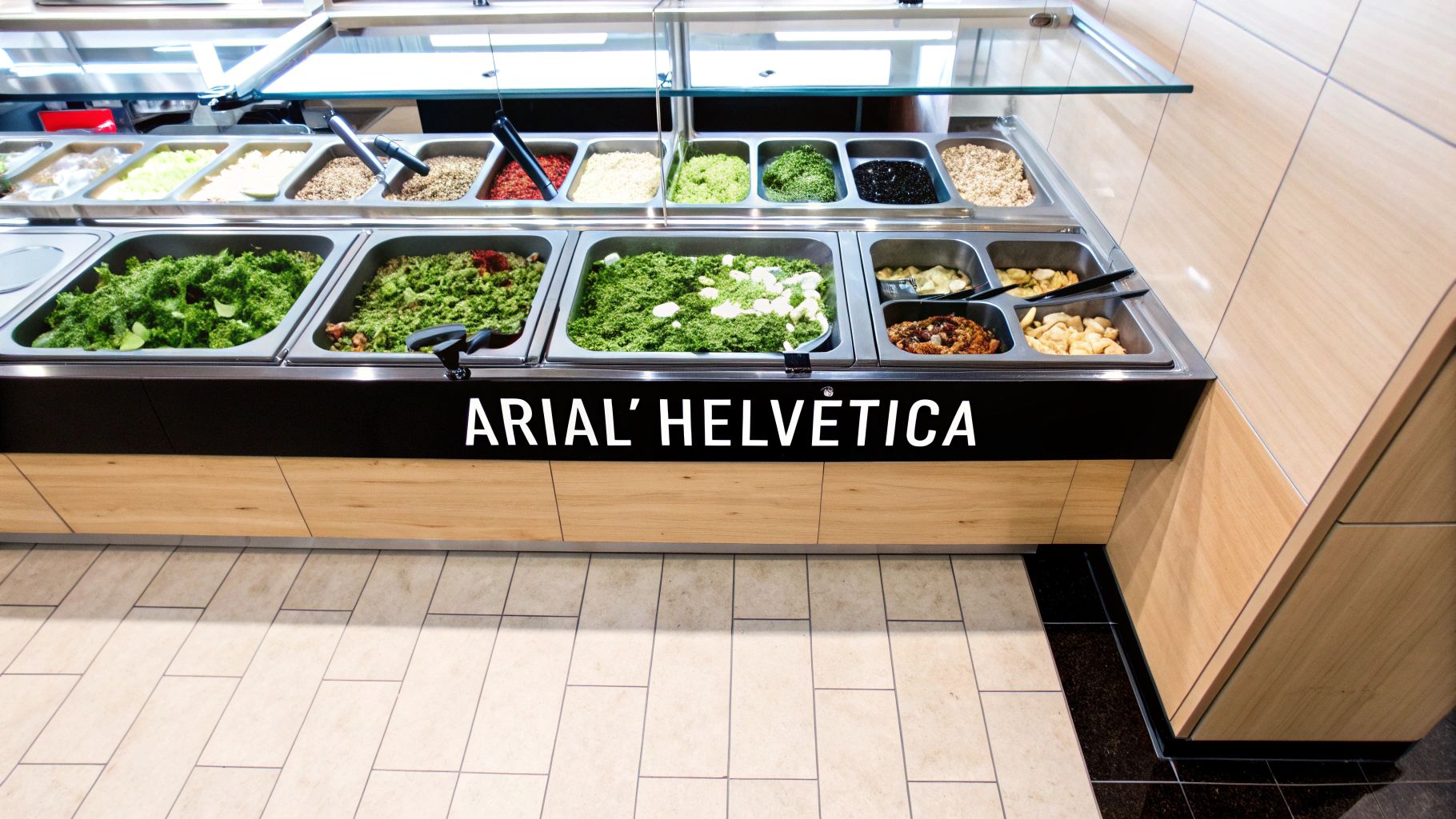 A visually appealing commercial salad bar with a diverse array of fresh ingredients, demonstrating effective visual merchandising.