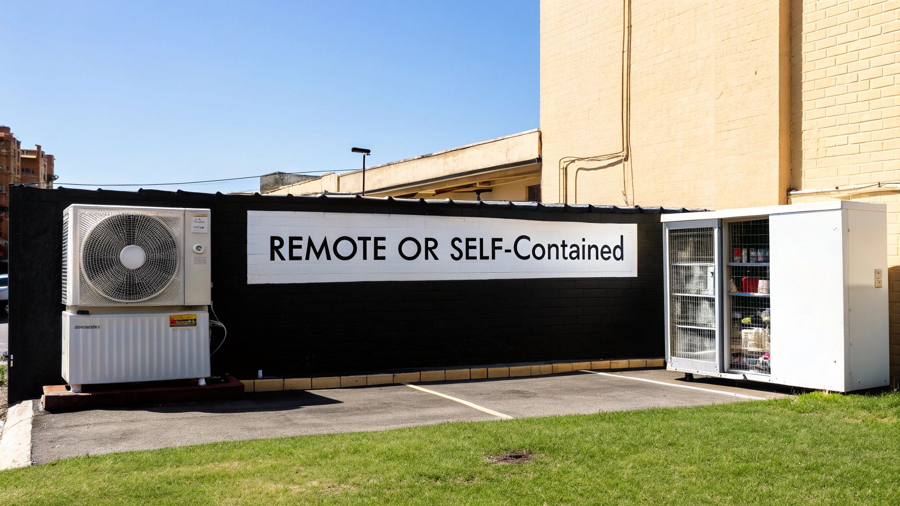 An outdoor condensing unit, a sign reading 'REMOTE OR SELF-Contained', and a white storage cabinet.