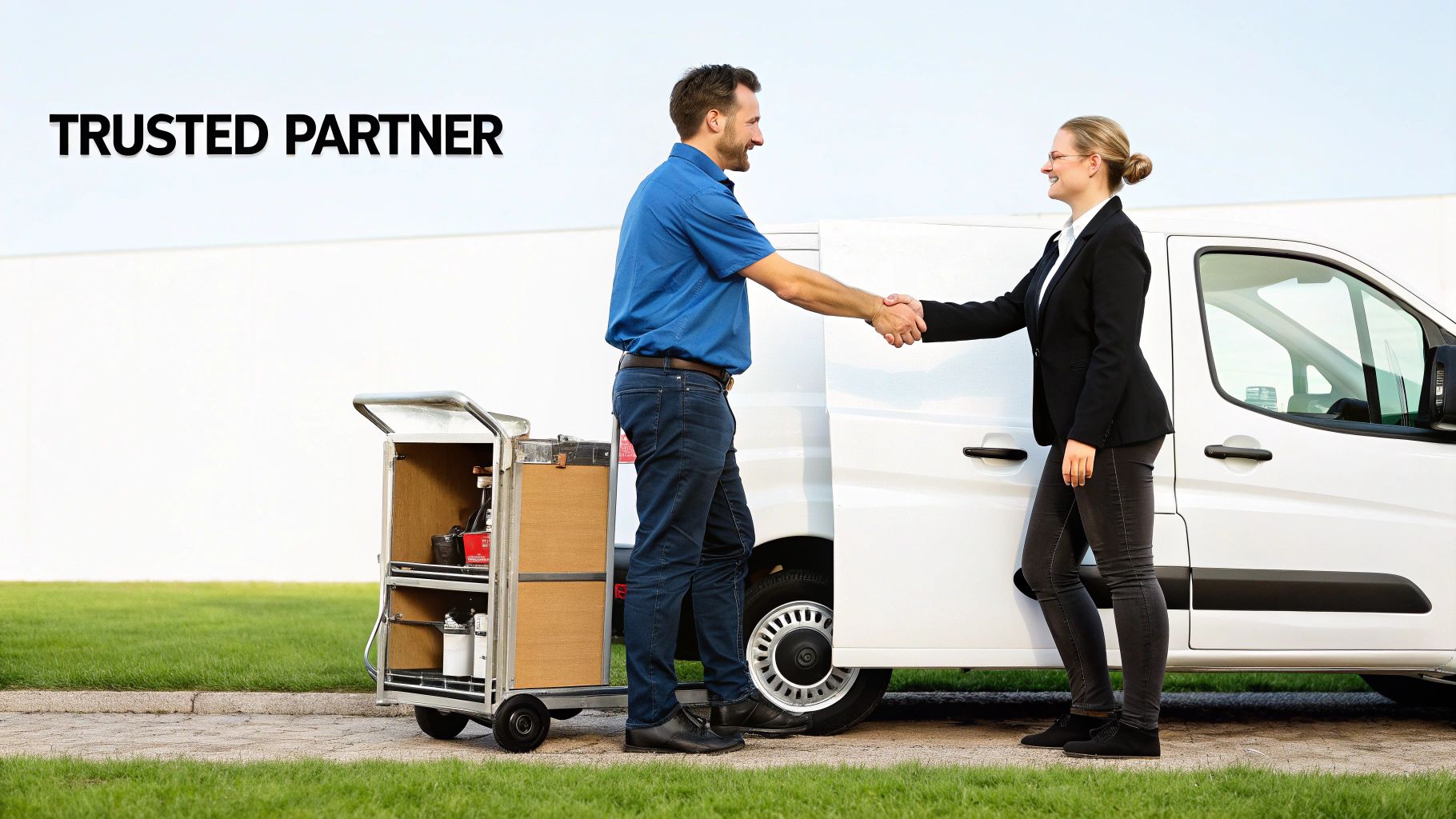 Two smiling business partners shaking hands next to a white service van and a utility cart.