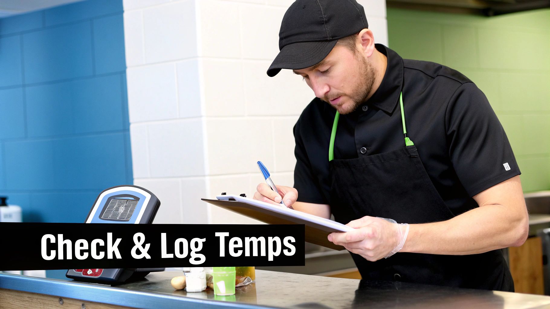A food service worker in a black uniform checks and logs temperatures on a clipboard.