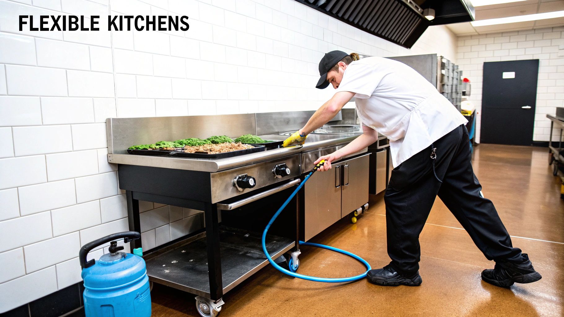 A kitchen worker cleans a portable commercial kitchen station with a spray hose.
