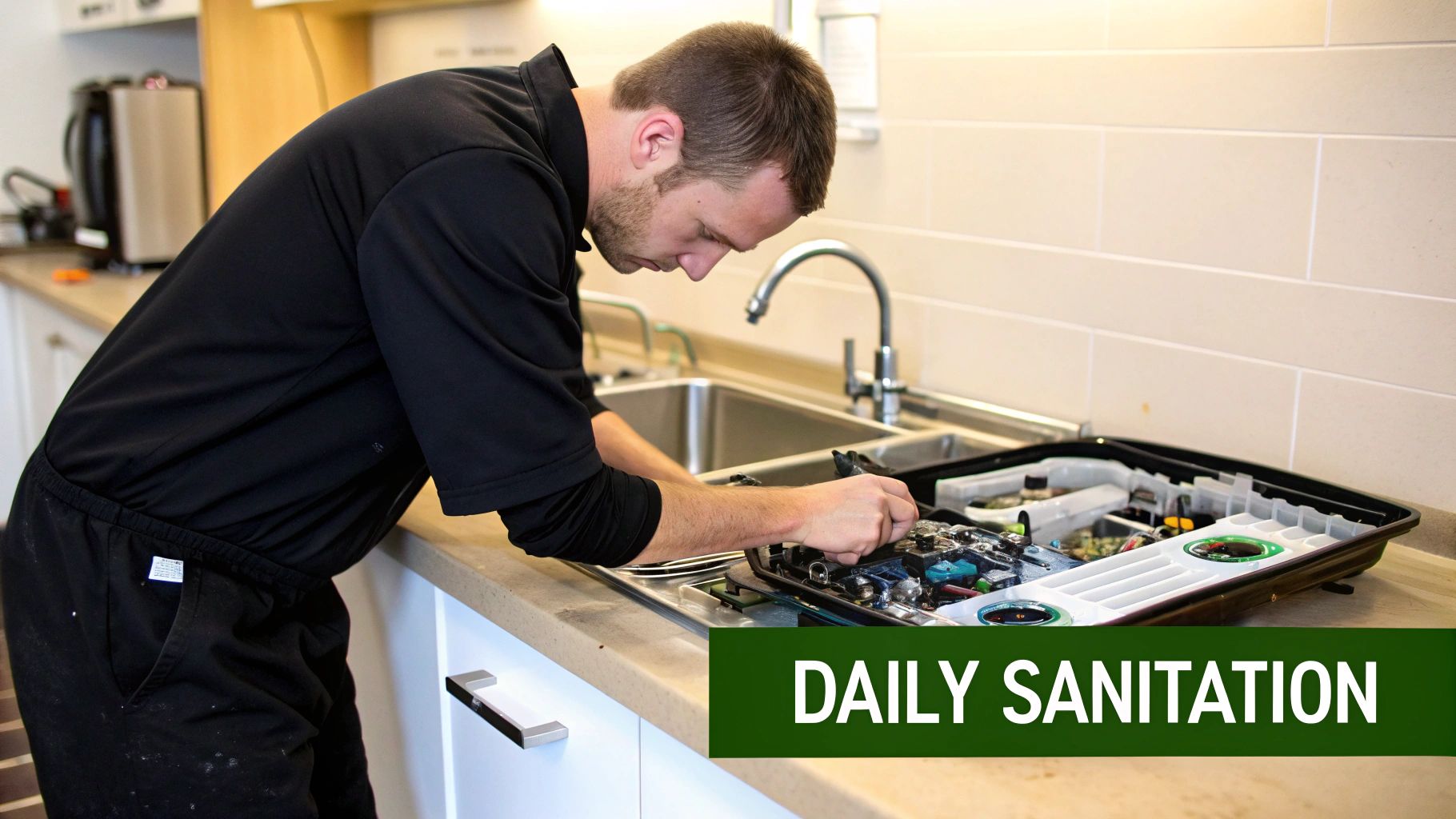 A man in black uniform performs daily maintenance on a commercial kitchen appliance next to a sink.