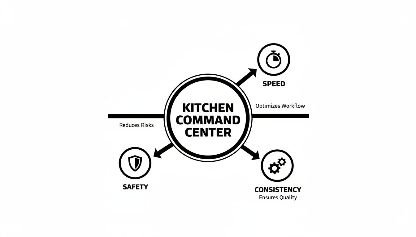 A diagram illustrating the benefits of a Kitchen Command Center: Speed, Safety, and Consistency, optimizing workflow and ensuring quality.