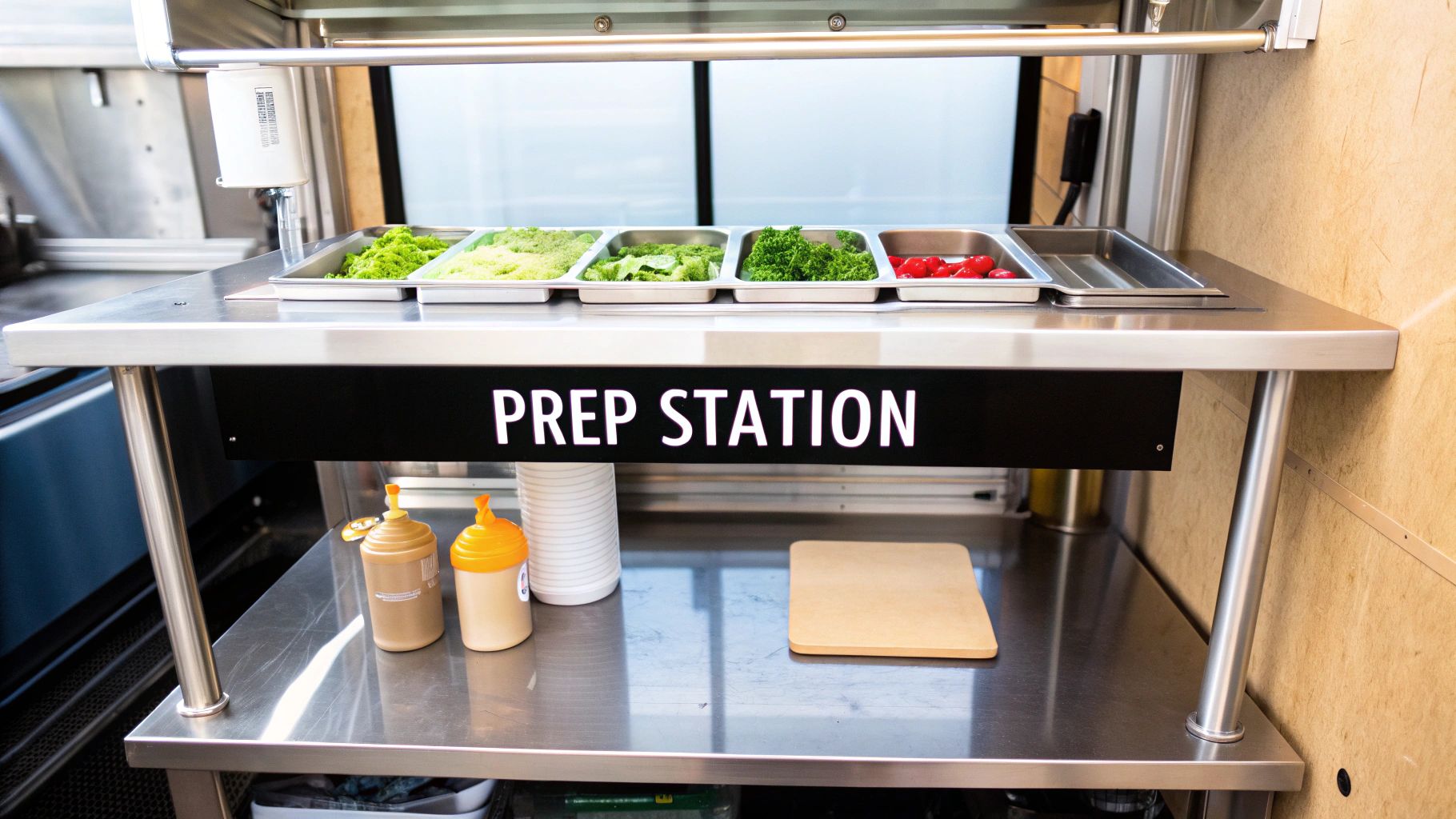 A stainless steel food truck prep station with fresh vegetables, red ingredients, and condiments.
