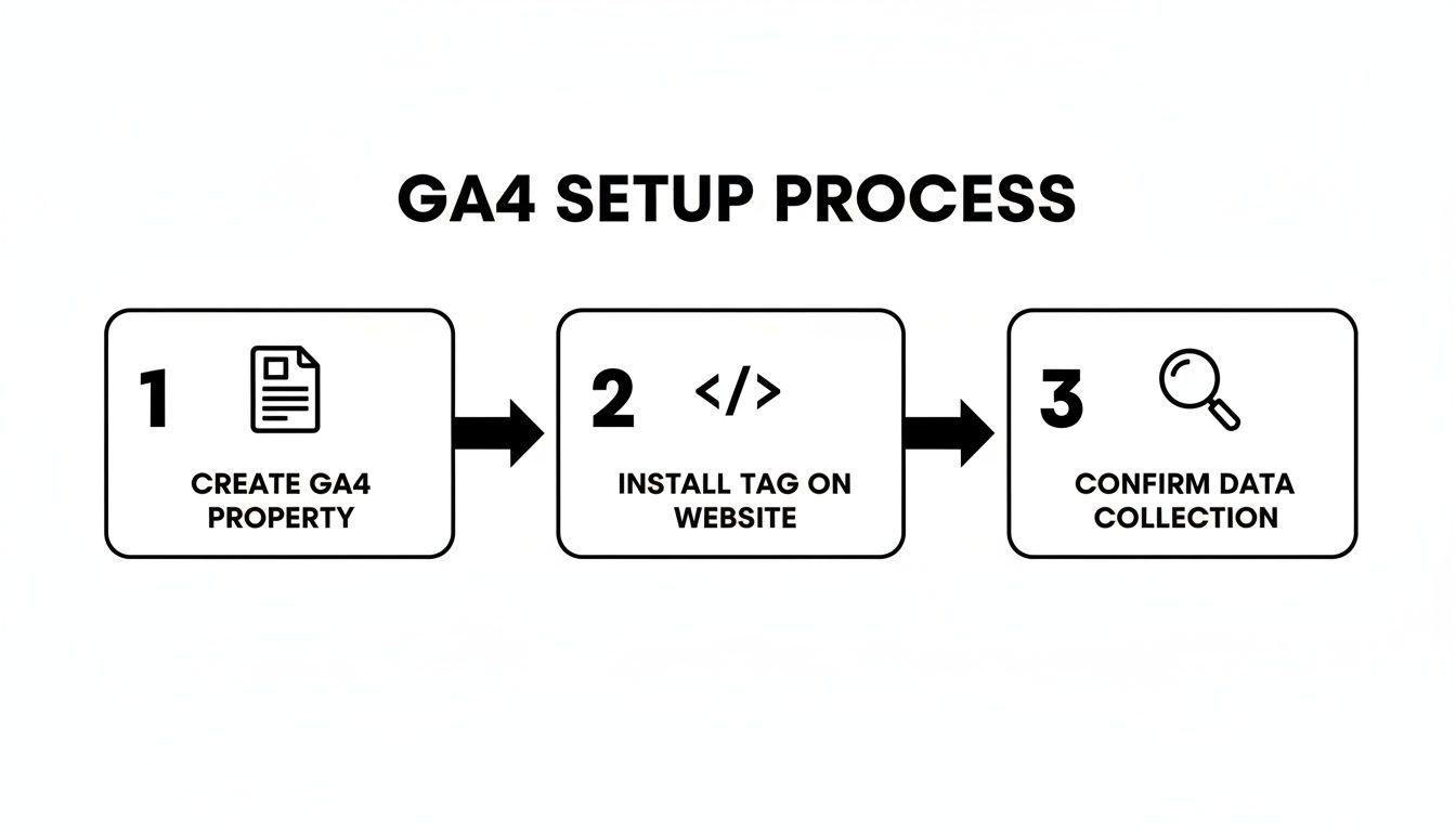 A three-step GA4 setup process including creating property, installing tag, and confirming data collection.