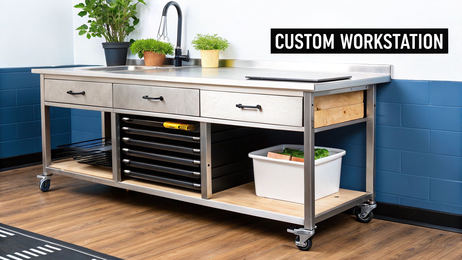 A custom stainless steel kitchen workstation with a sink, drawers, storage, and plants on a wooden floor.