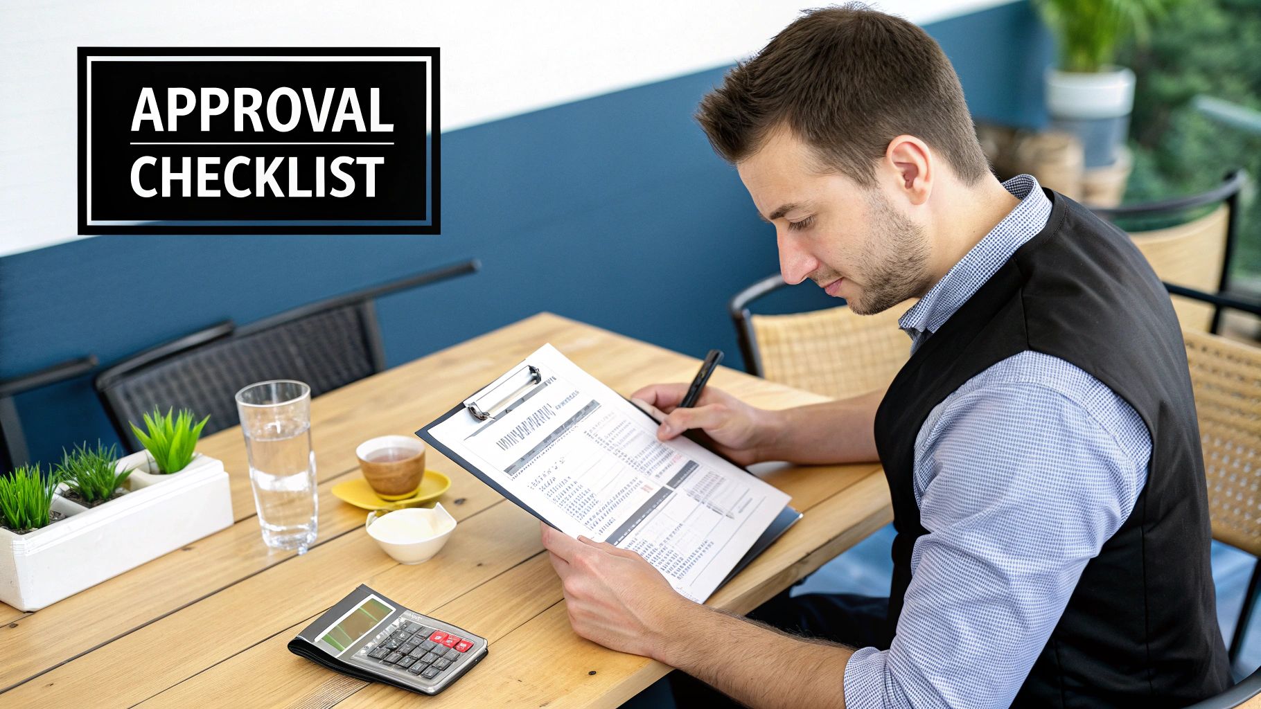 A man reviews an approval checklist on a clipboard at a wooden table, writing with a pen.