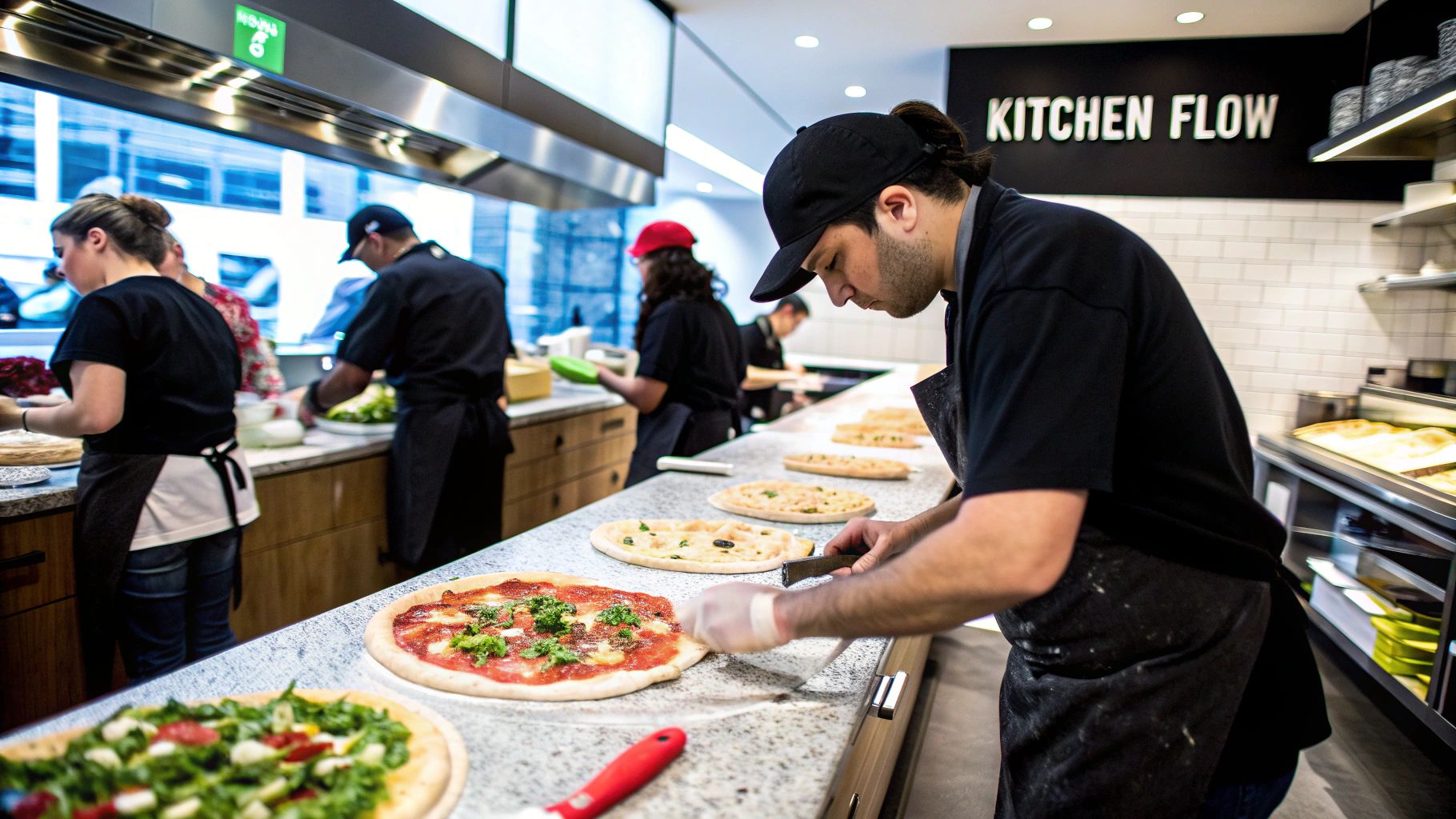 A chef preparing pizzas on a commercial prep table in a professional pizzeria kitchen.