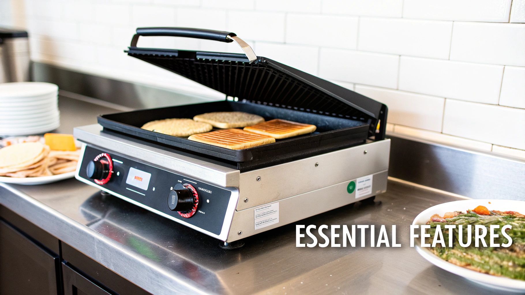 An open top-rated electric griddle cooking bread and patties on a stainless steel countertop.