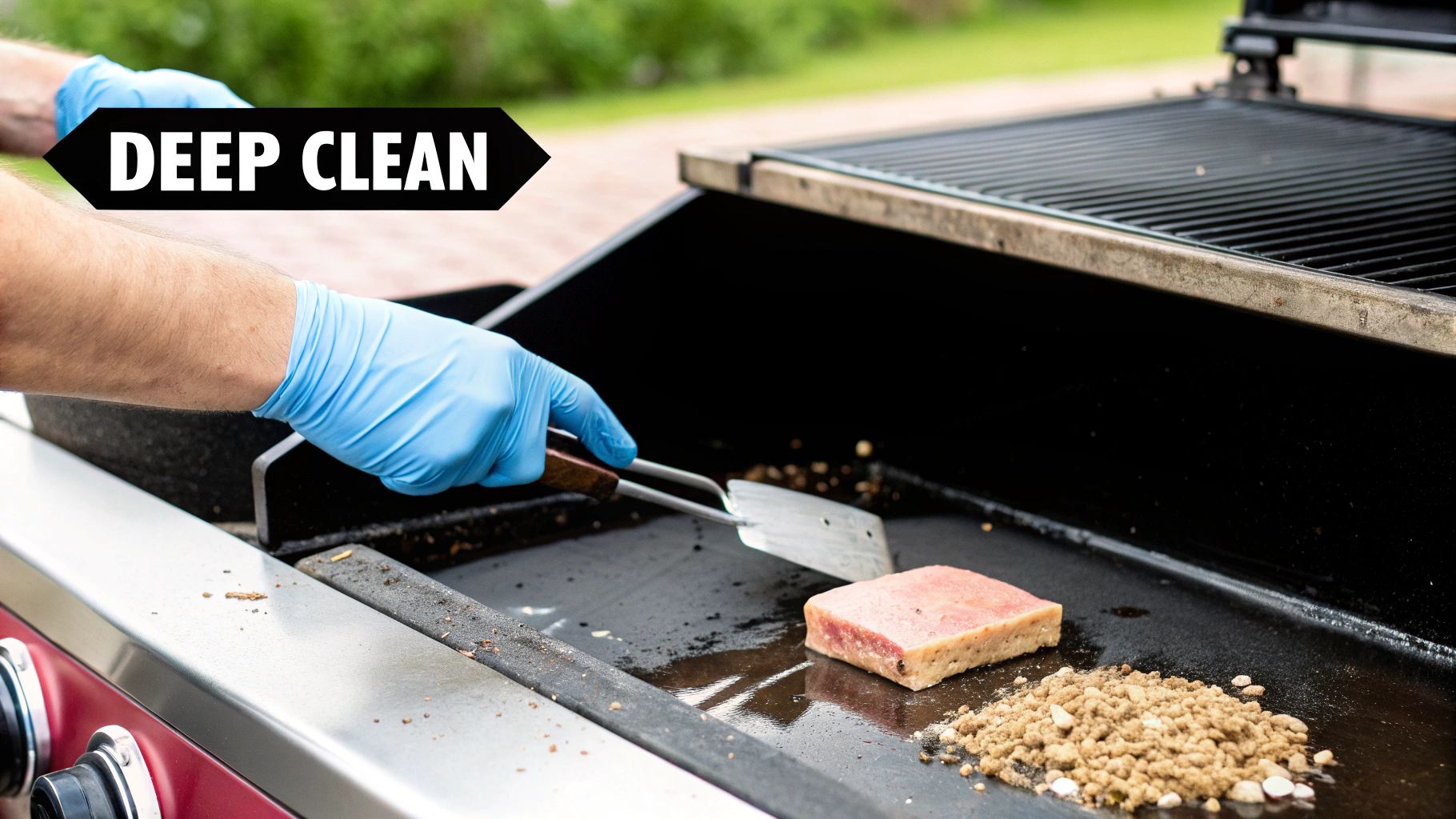 A person in blue gloves deep cleans a commercial griddle using a spatula and cleaning block.