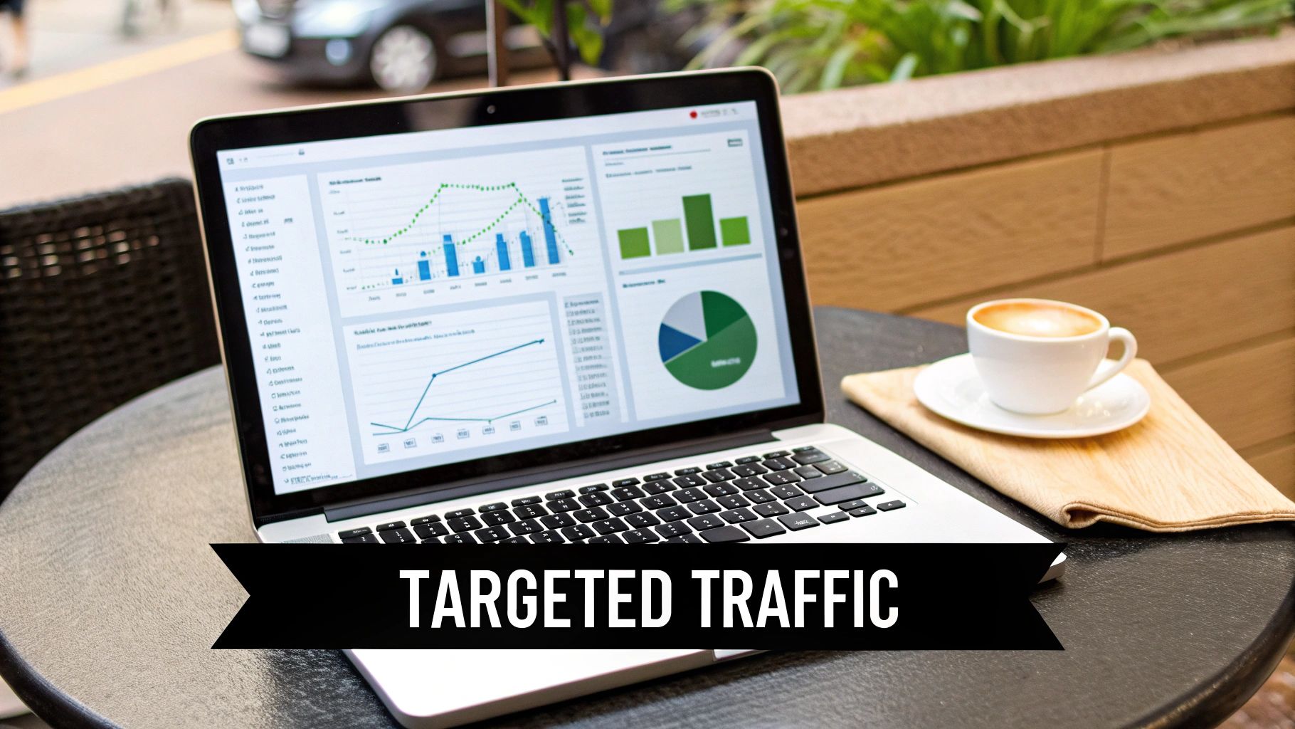 Laptop displaying targeted traffic analytics and various marketing graphs, with a coffee cup on an outdoor table.