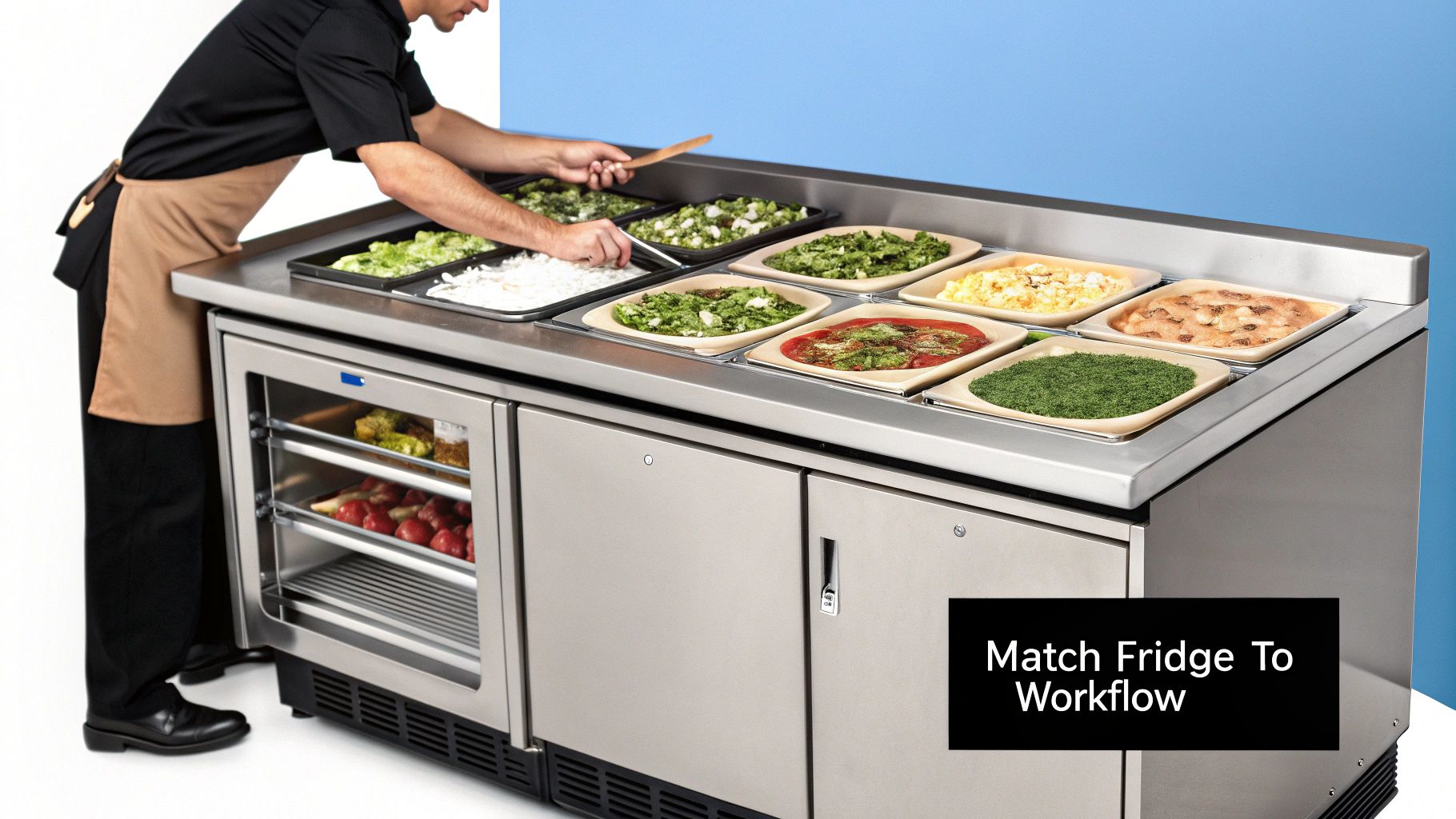 A chef organizes fresh ingredients in various food pans on a stainless steel undercounter prep refrigerator.