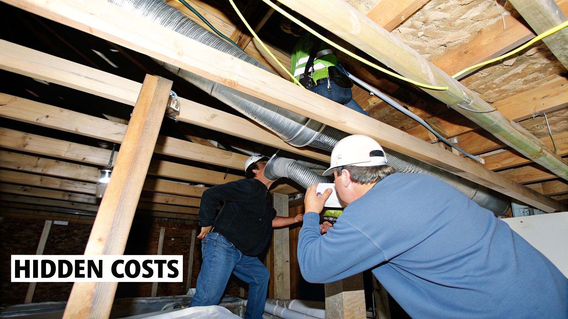 Three workers in hard hats inspecting ductwork and pipes in a tight attic space, signifying hidden costs.