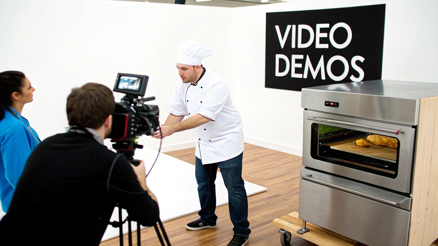 A chef in uniform demonstrates cooking in front of a camera crew for a video demo.