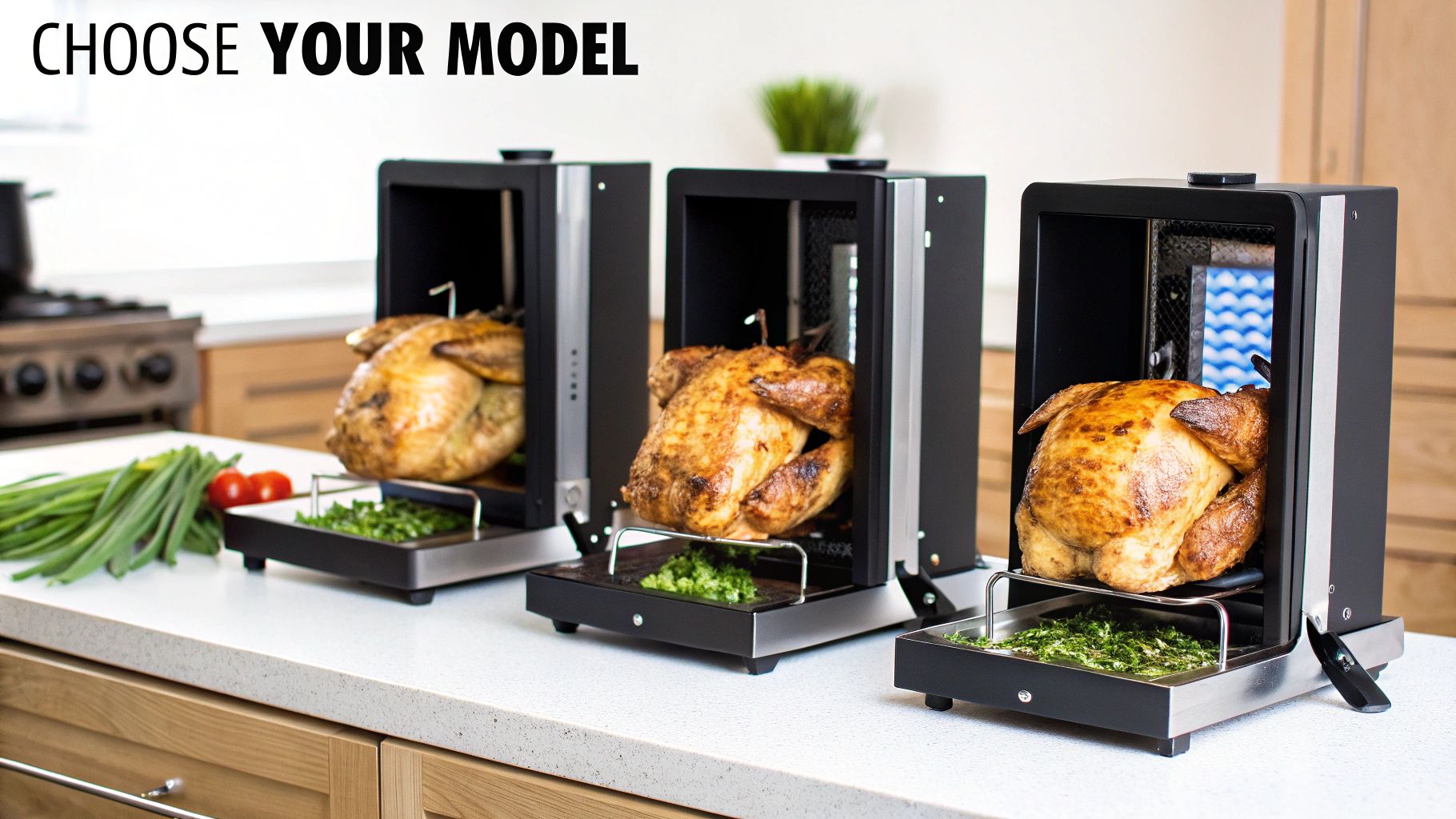 Three sleek vertical rotisserie ovens showcasing perfectly roasted whole chickens on a modern kitchen counter.