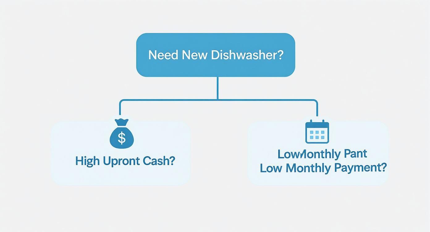 A flowchart illustrates options for acquiring a new dishwasher: high upfront cash or low monthly payments.