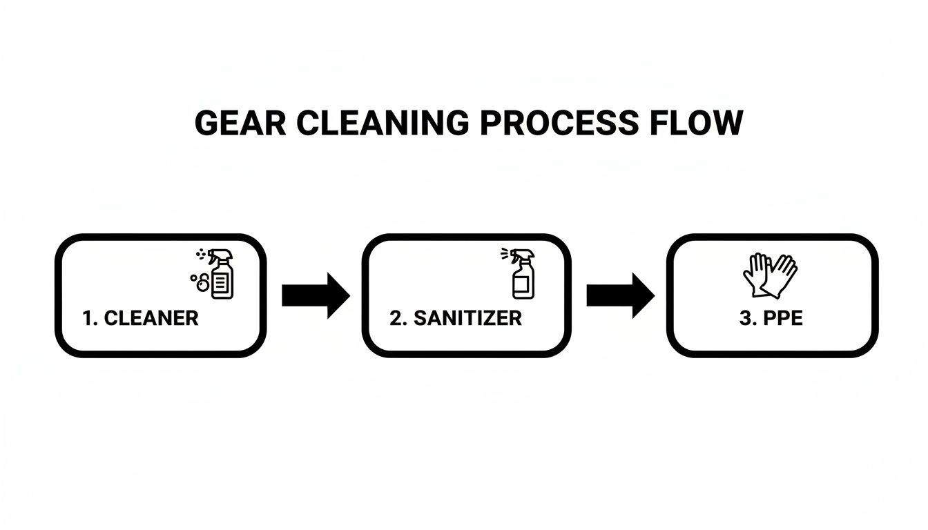 Flowchart illustrating a three-step gear cleaning process: cleaner, sanitizer, and PPE.