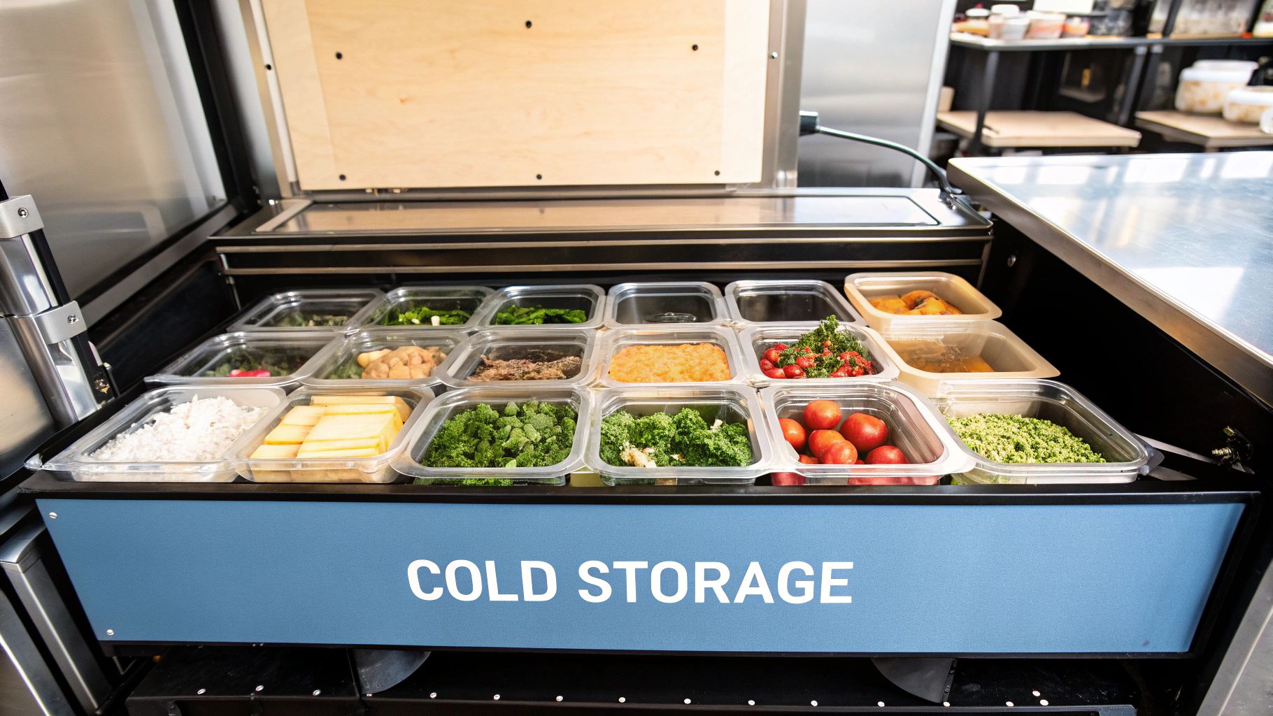 A cold storage unit on a food truck, displaying various fresh food ingredients in clear containers.
