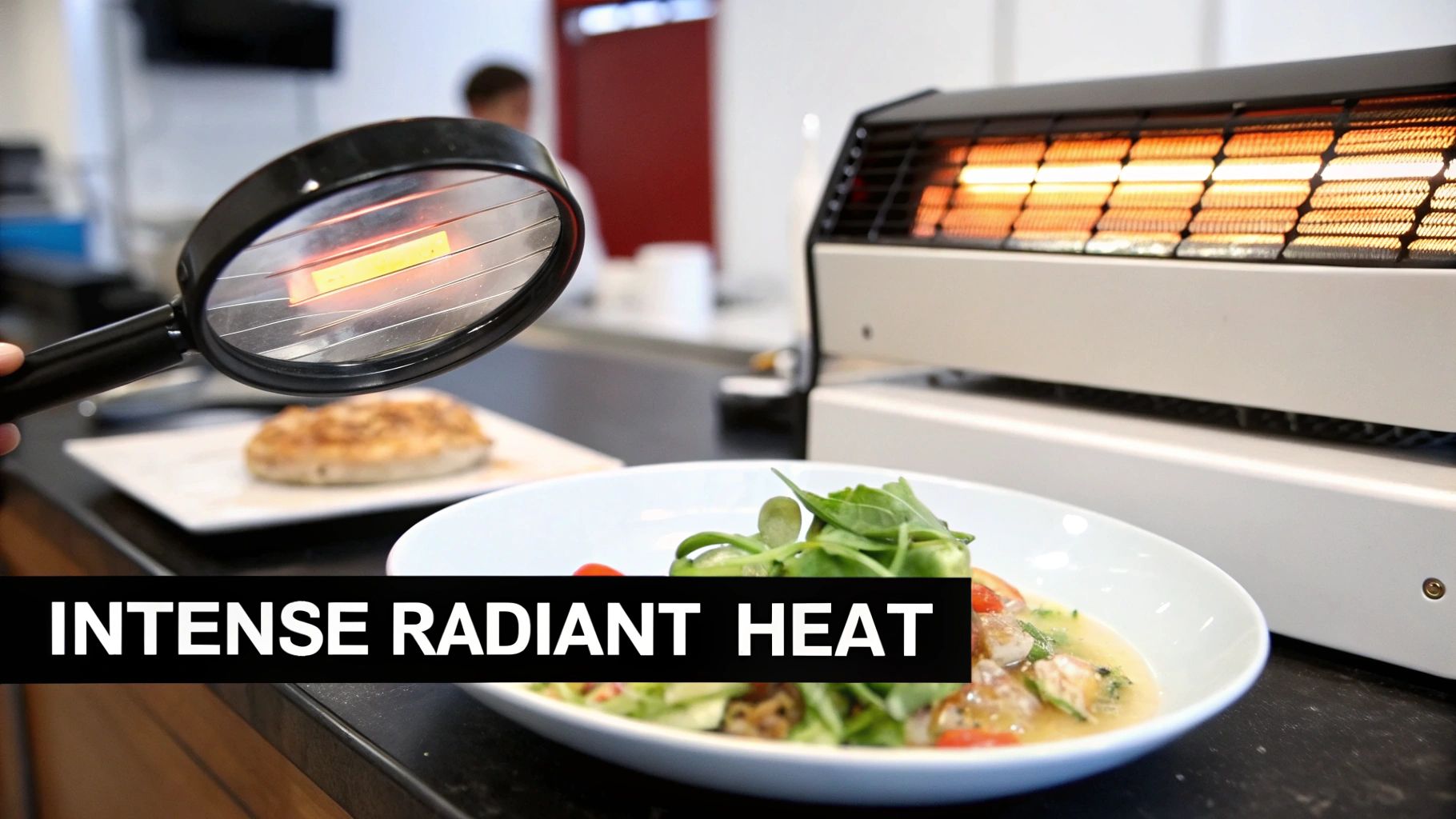 A hand holds a magnifying glass over a glowing element, demonstrating intense radiant heat from a salamander broiler.