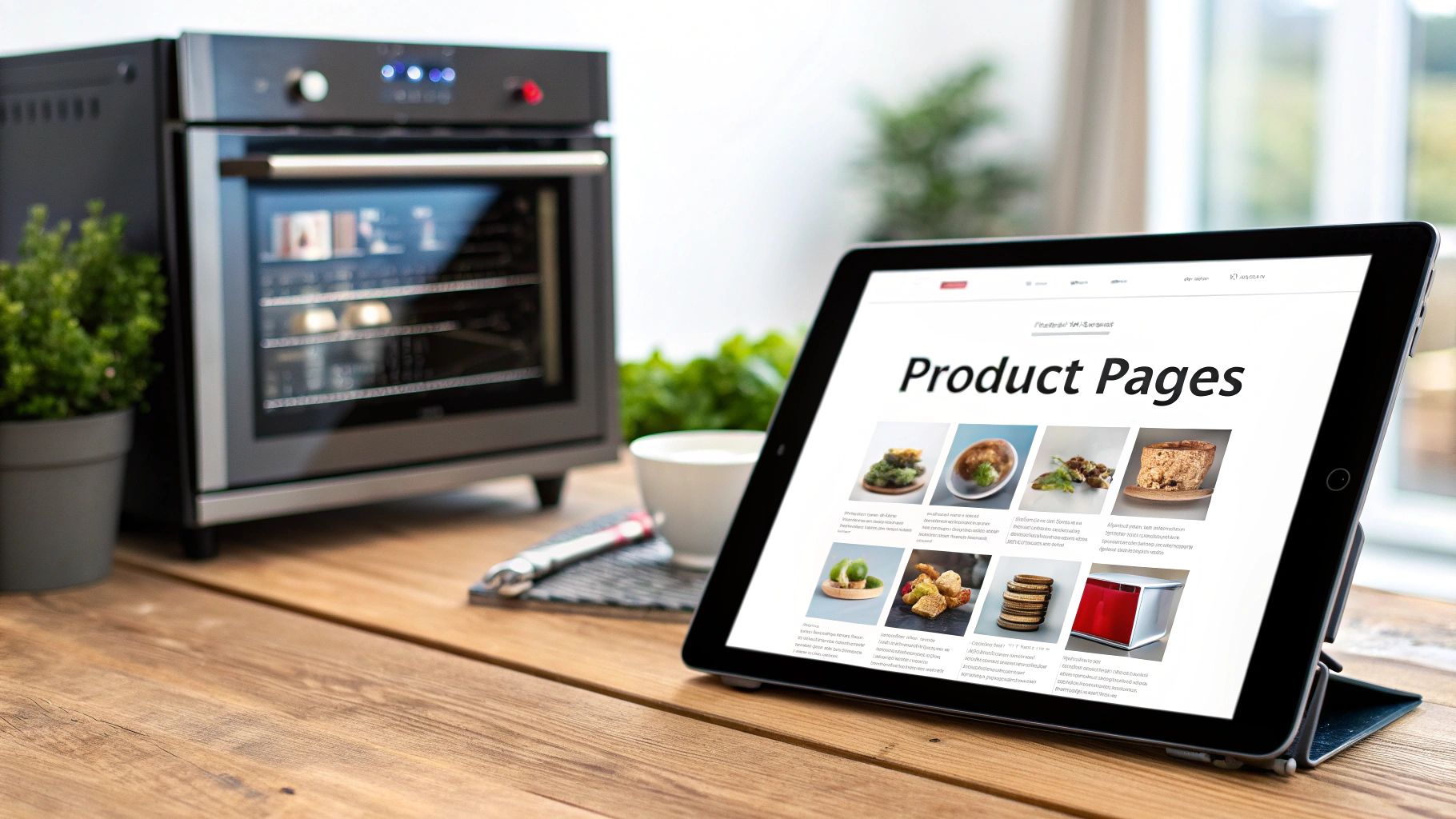 A tablet displays product pages with food and a mini oven next to a larger oven in a modern kitchen setting.
