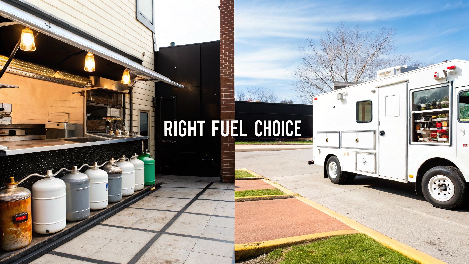 Split image comparing a food stand with propane tanks to a white food truck, emphasizing fuel choice.
