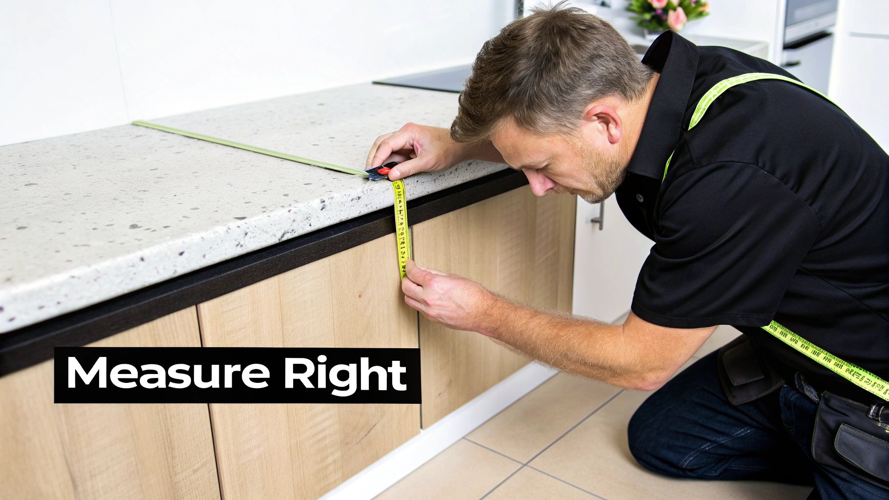 A man precisely measuring the height of a kitchen counter with a yellow tape measure.