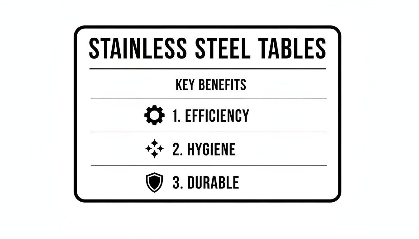 Black and white graphic listing key benefits of stainless steel tables: efficiency, hygiene, and durability.