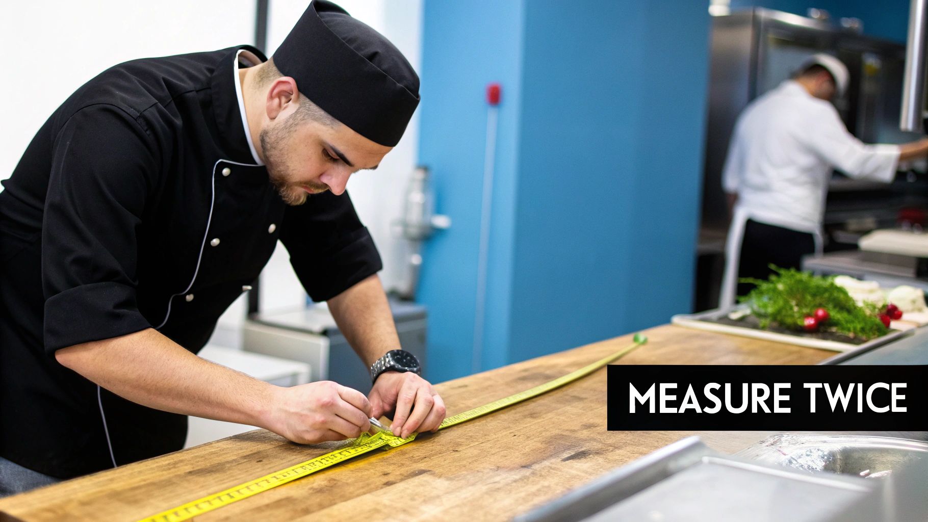 A chef using a tape measure to measure the space for a new griddle in a commercial kitchen.