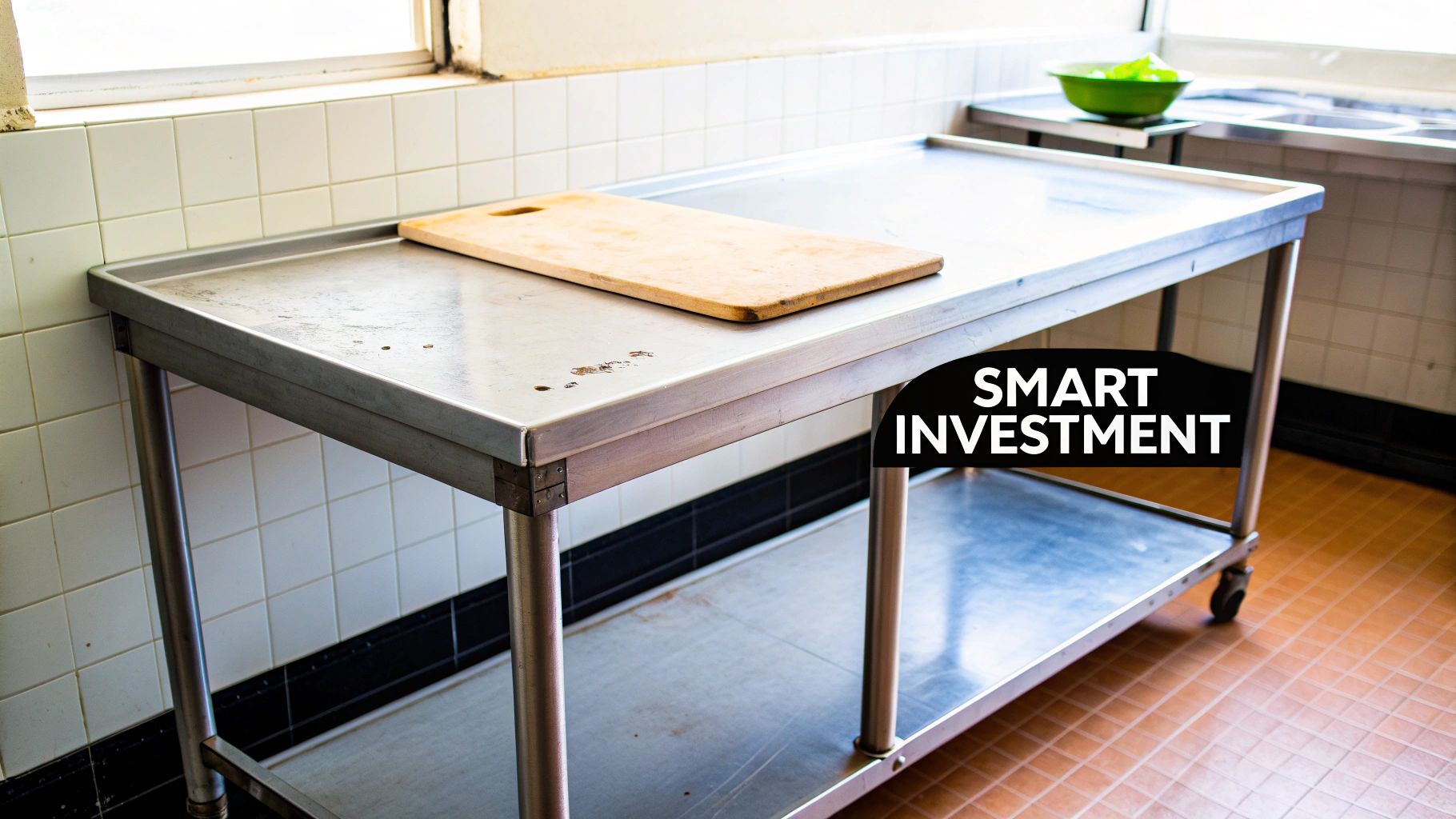 Commercial kitchen with a clean, used stainless steel table ready for food prep.