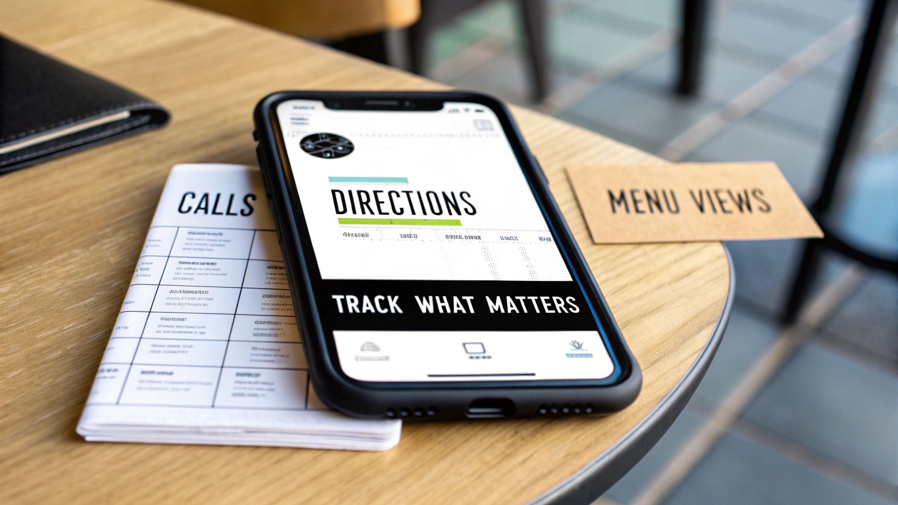 Modern smartphone on a wooden table, displaying a directions app with 'Track What Matters' text.