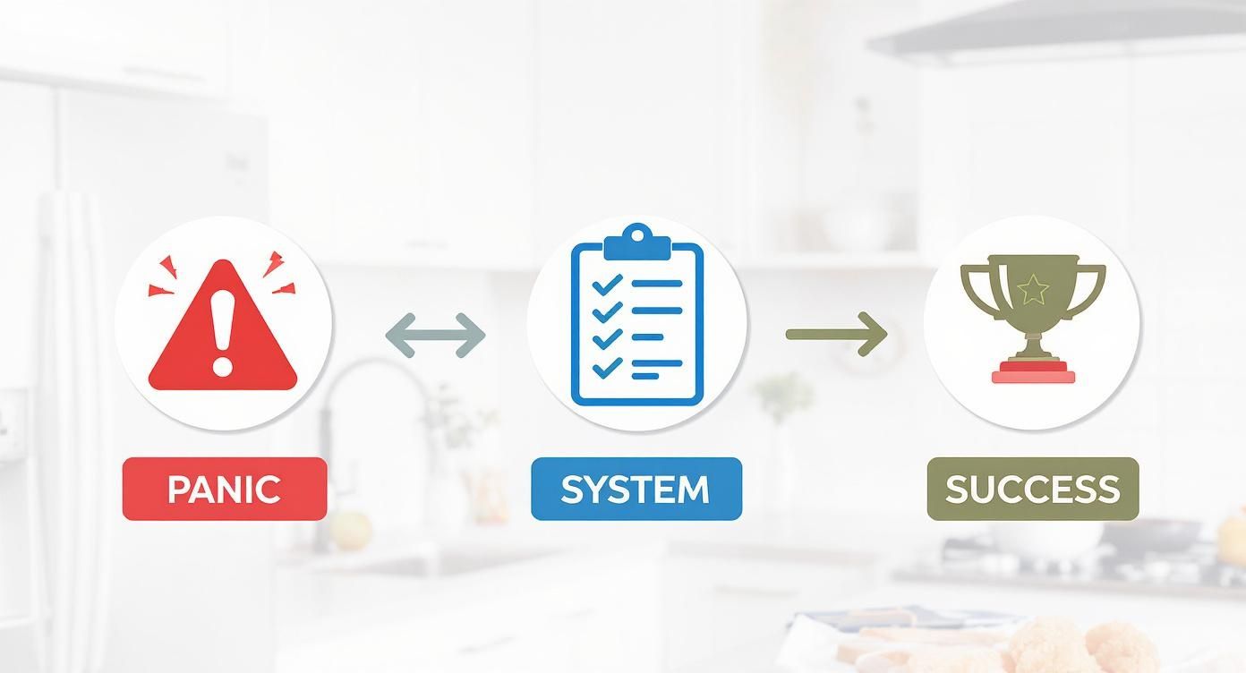 Flowchart showing a system (checklist) as the solution to panic, leading to success (trophy).