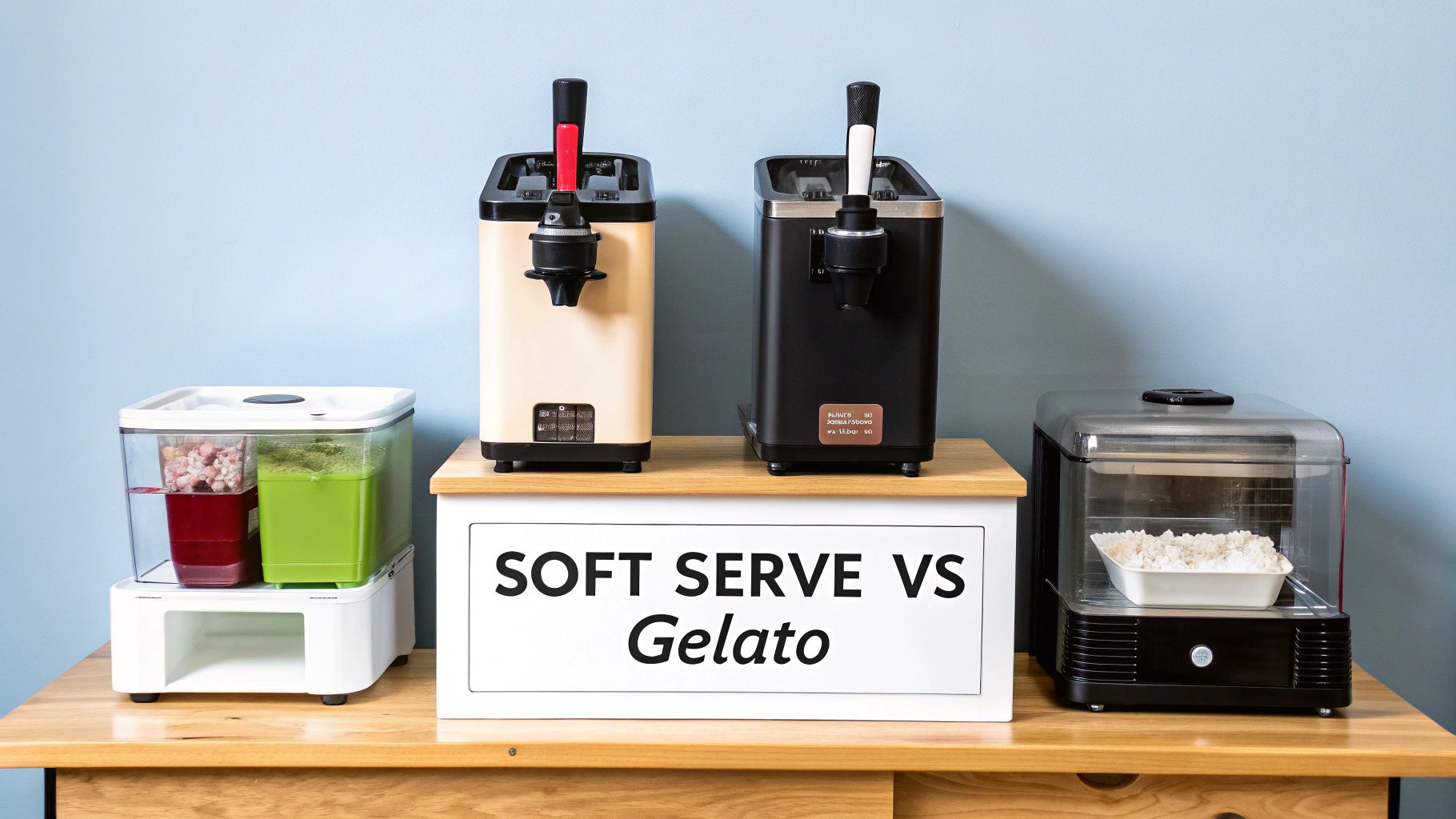A detailed comparison of soft serve and gelato machines, ingredients, and toppings on a wooden table.