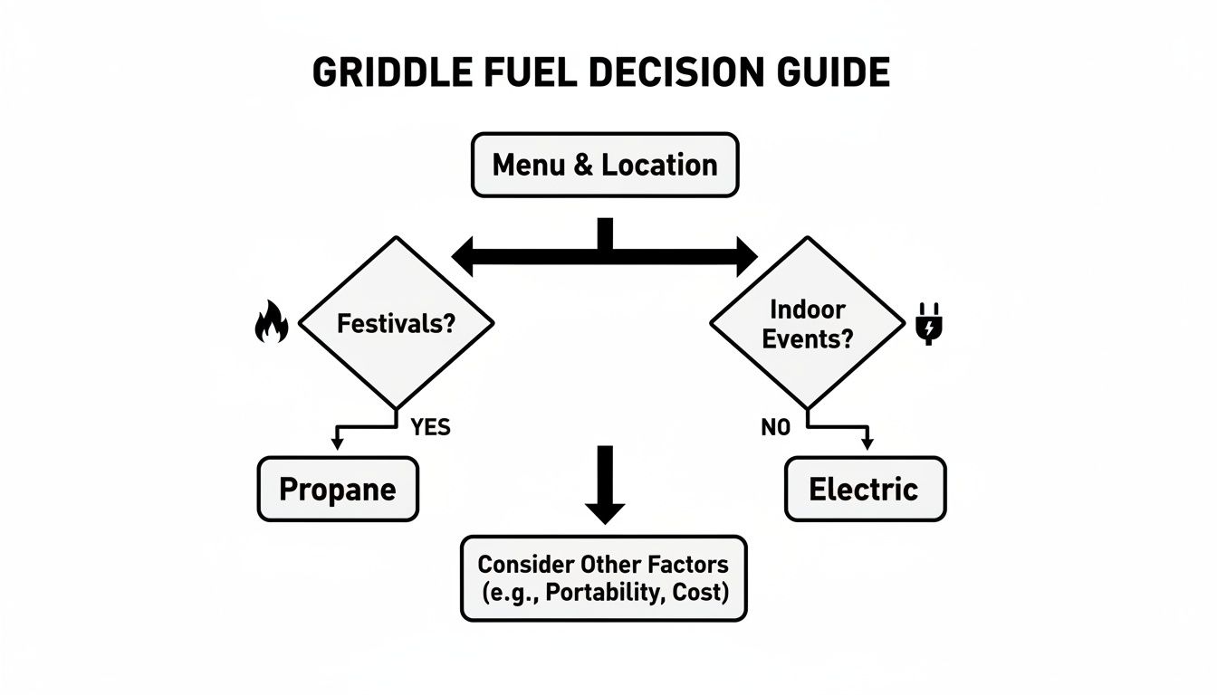 Griddle fuel decision guide flowchart, suggesting Propane for festivals and Electric for indoor events, considering portability and cost.