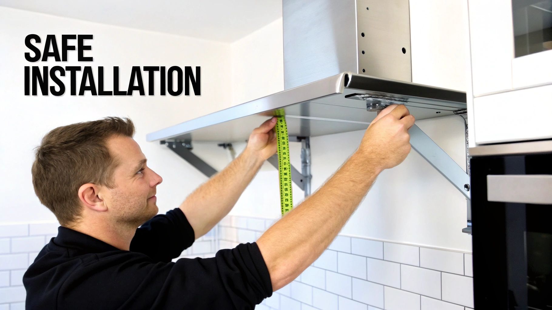Man installing a stainless steel shelf in a kitchen, using a tape measure for precise placement.