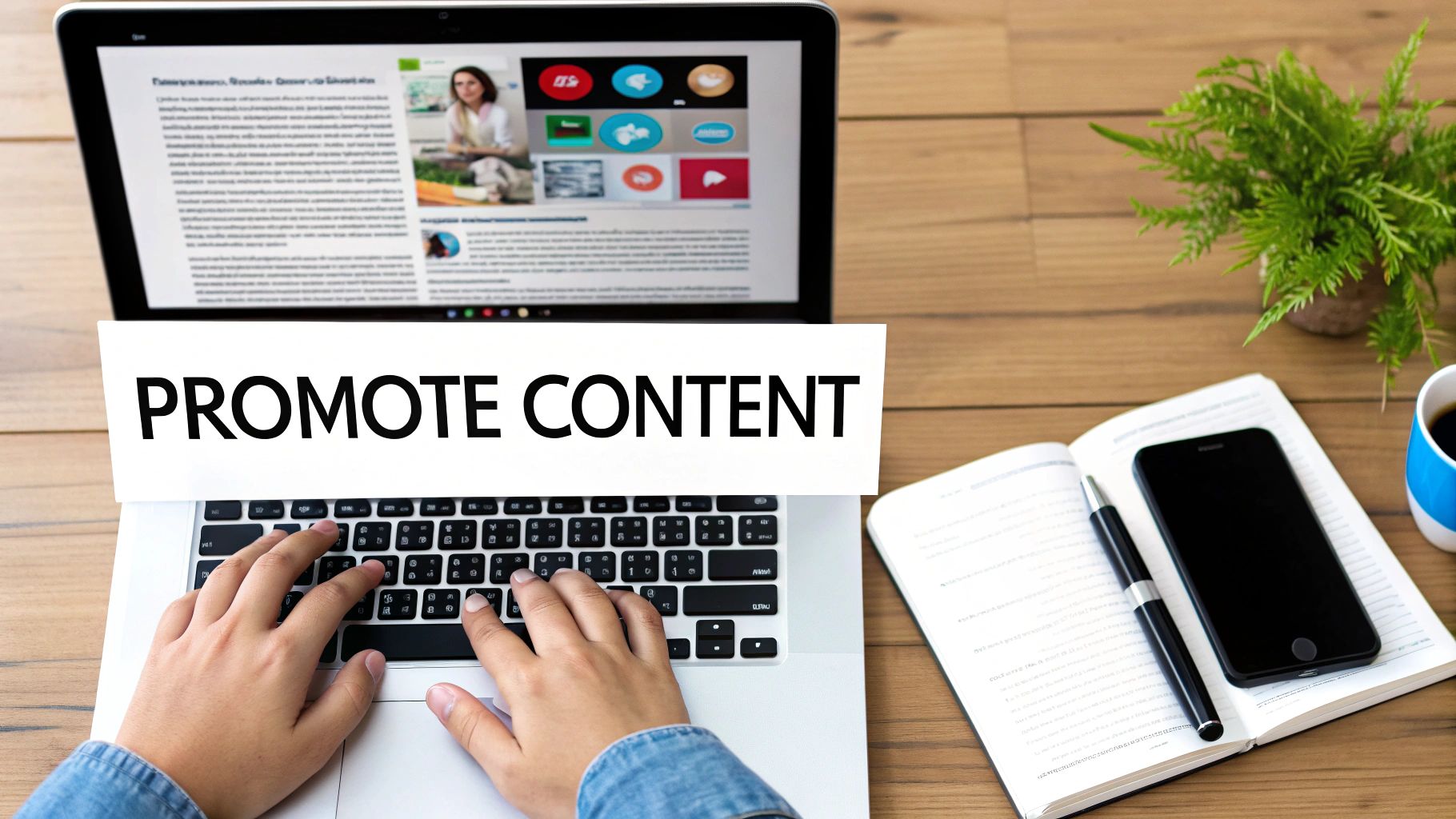 Hands typing on a laptop with a 'PROMOTE CONTENT' banner, beside a notebook, phone, and coffee.