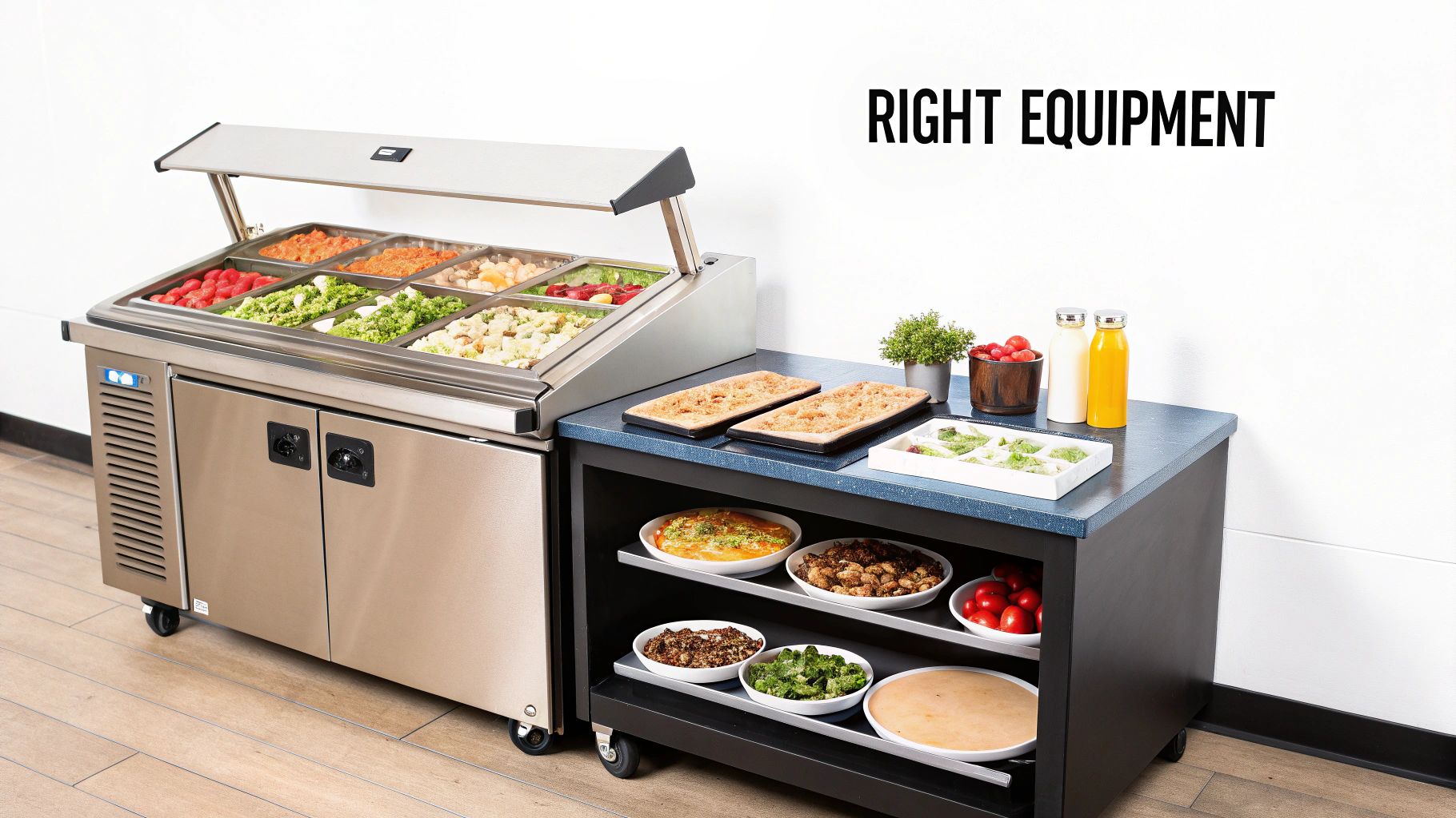 A commercial stainless steel salad bar filled with fresh ingredients and a mobile food service cart.