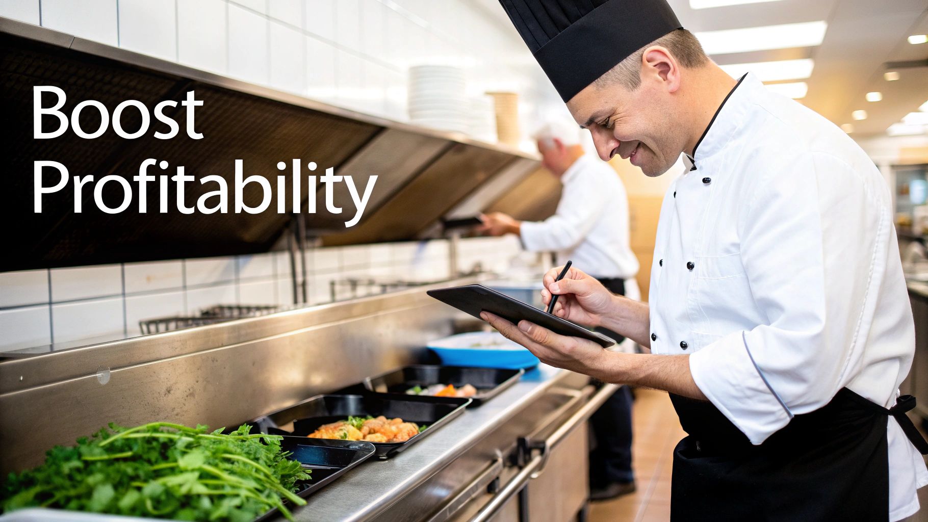 A smiling chef uses a tablet in a commercial kitchen, boosting profitability.
